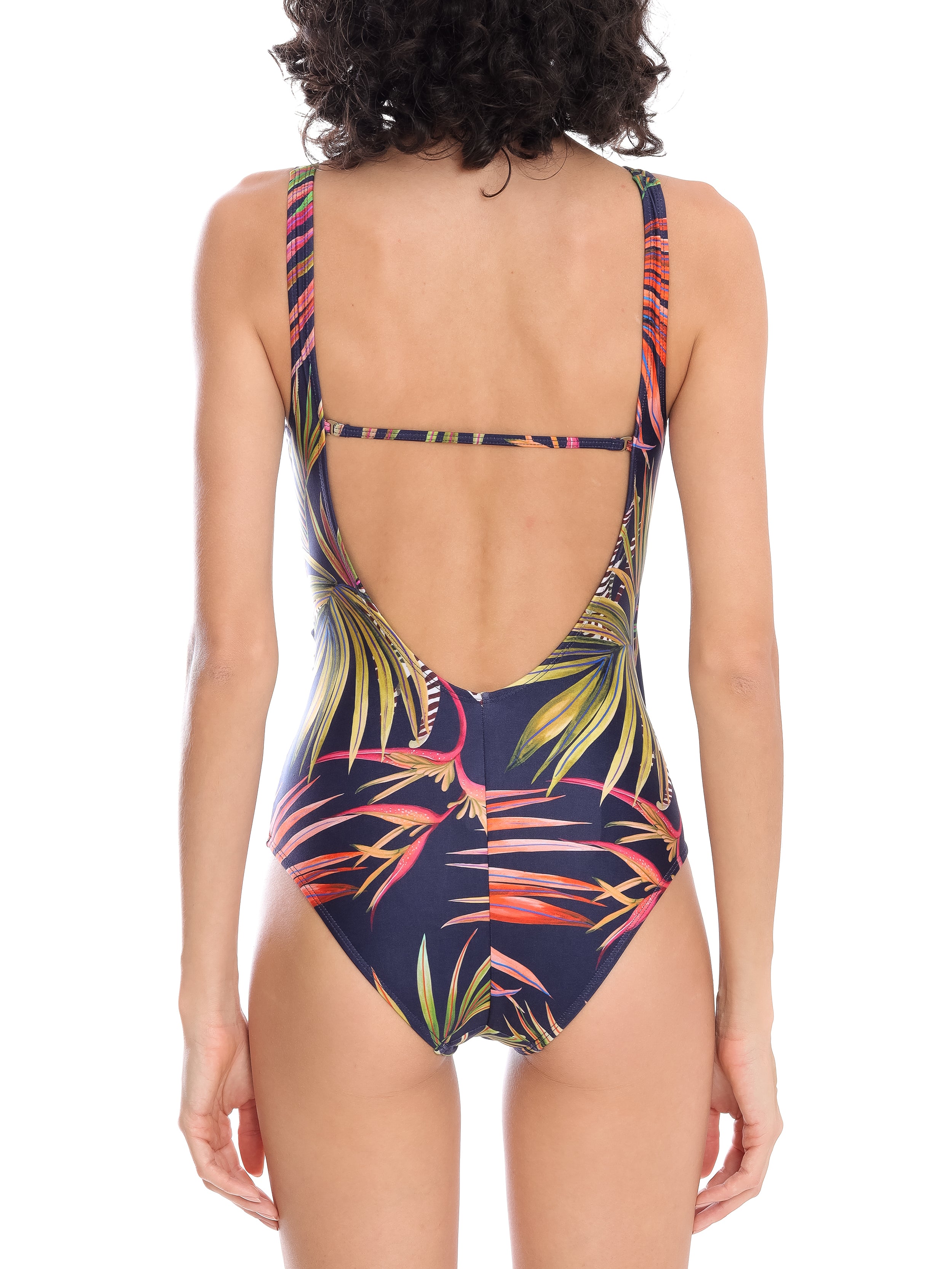Maisa Foliage-Print Striped Draped Open-Back Swimsuit