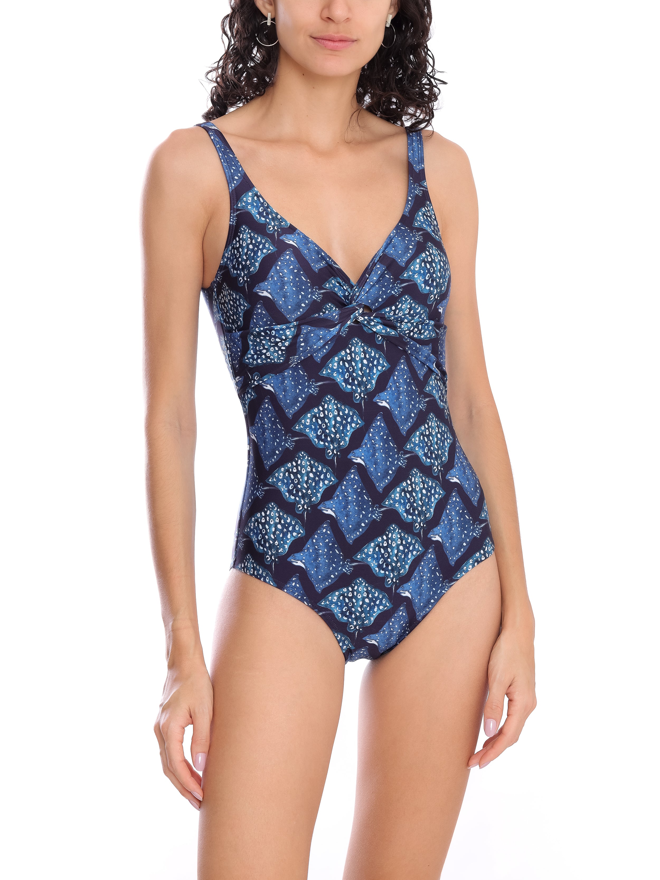 Adriana Blue Stingrays-Print Twisted Detail Swimsuit