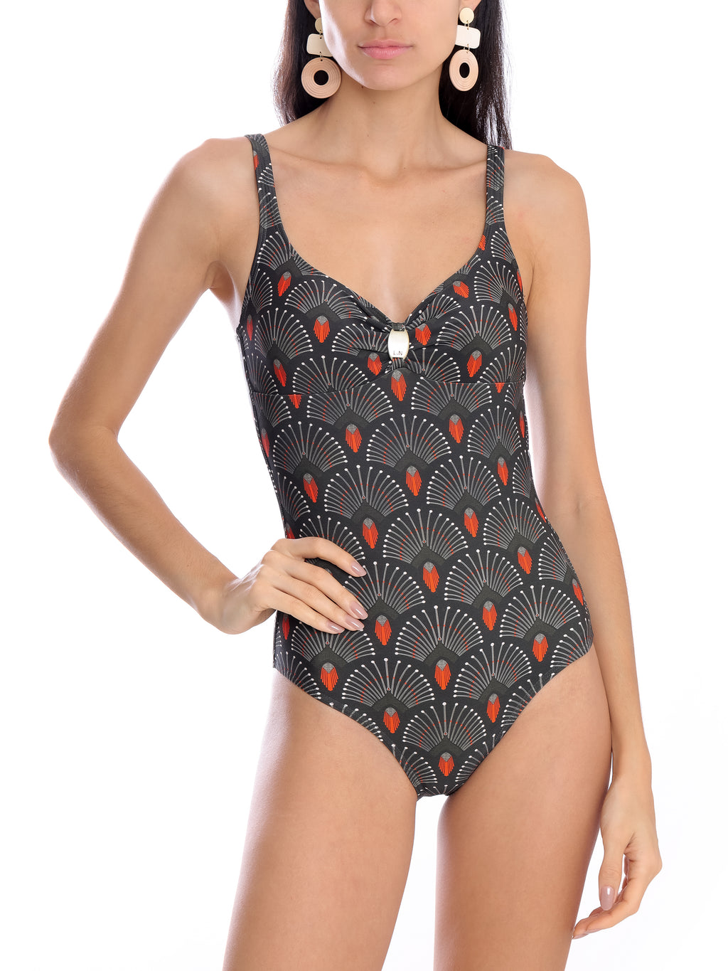 Roberta Geometric-Print Open-Back Swimsuit Cocar