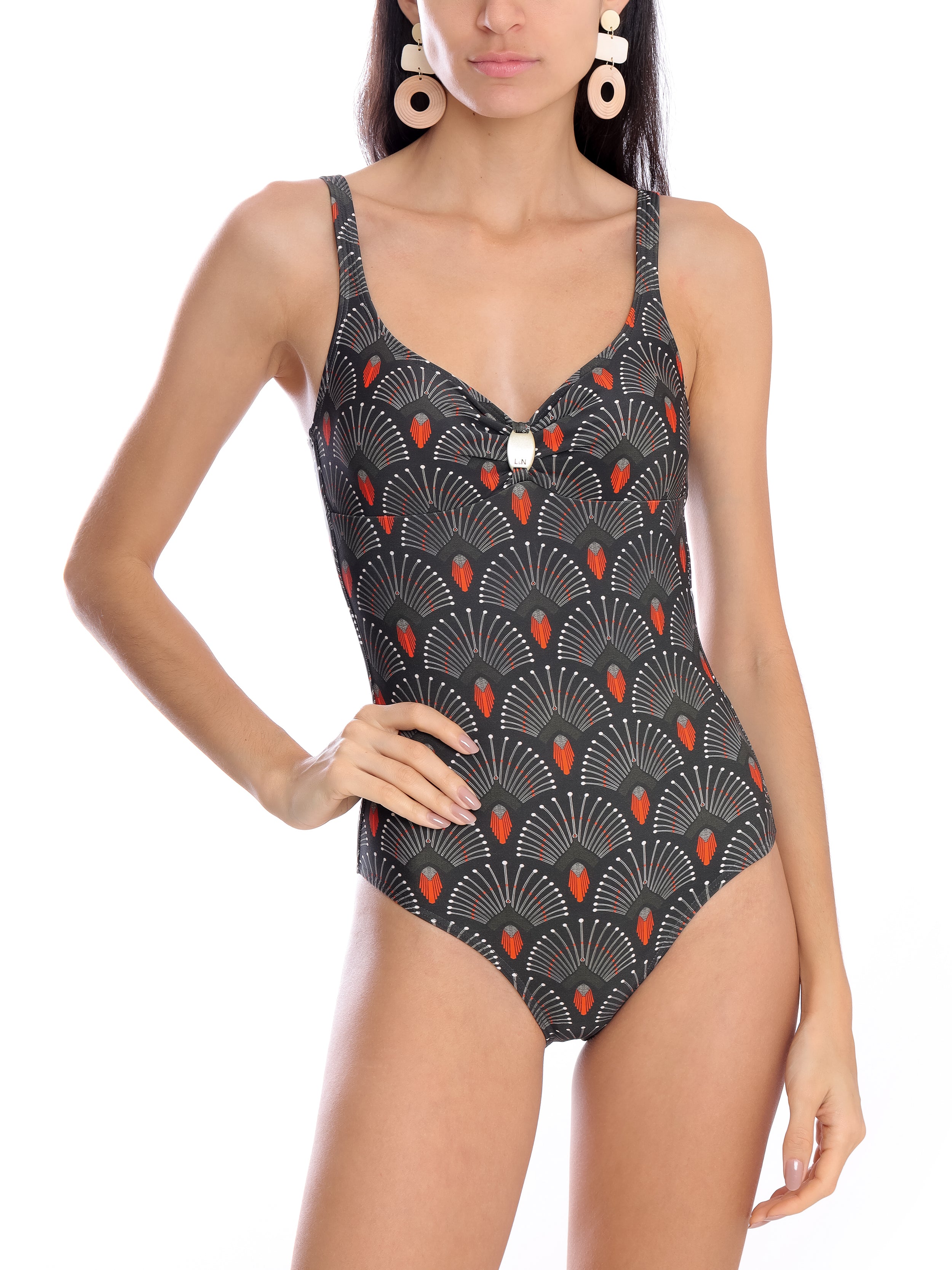Roberta Geometric-Print Open-Back Swimsuit Cocar