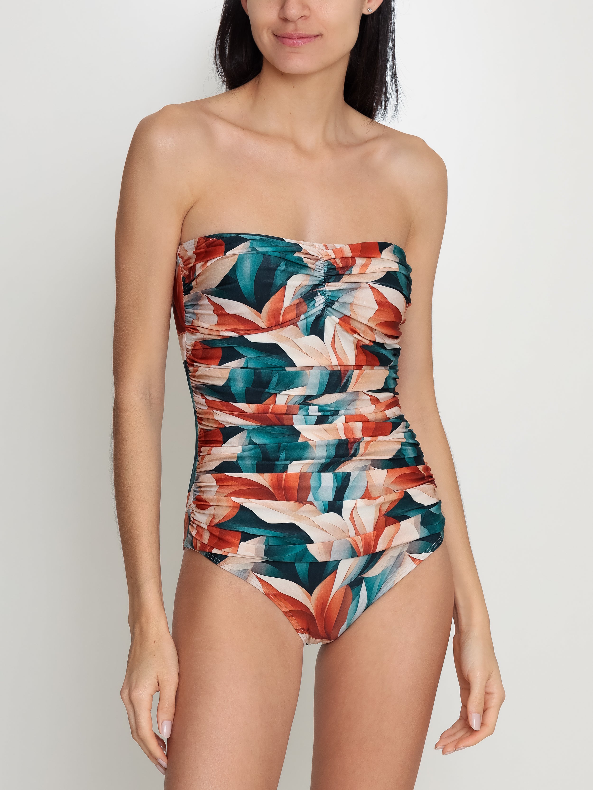 Melissa Foliage-Print Ruched Strapless Swimsuit