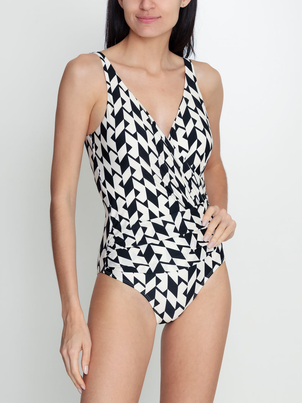Maisa Geometric-Print Striped Draped Open-Back Swimsuit