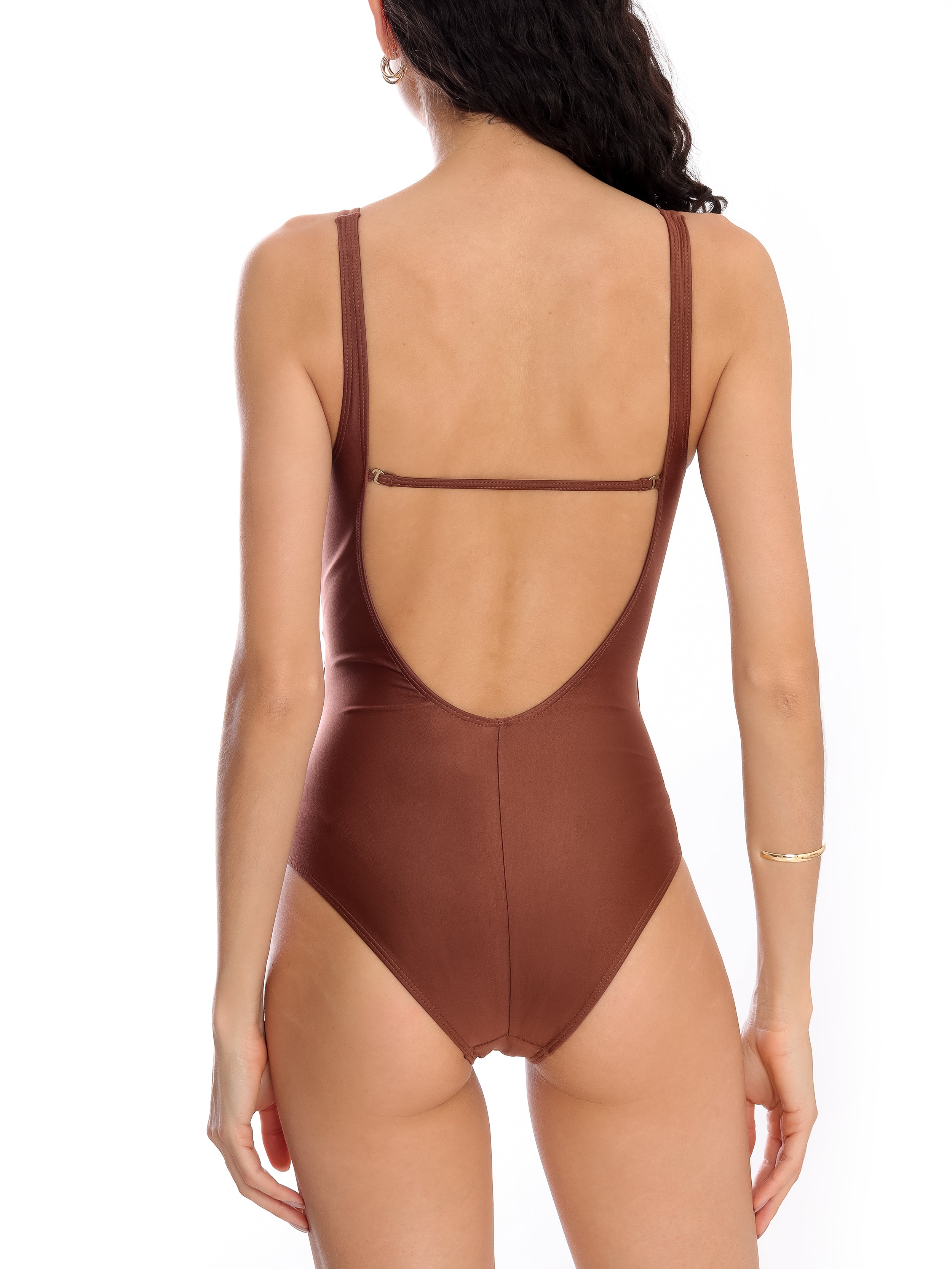 Maisa Brown Plain Striped Draped Open-Back Swimsuit