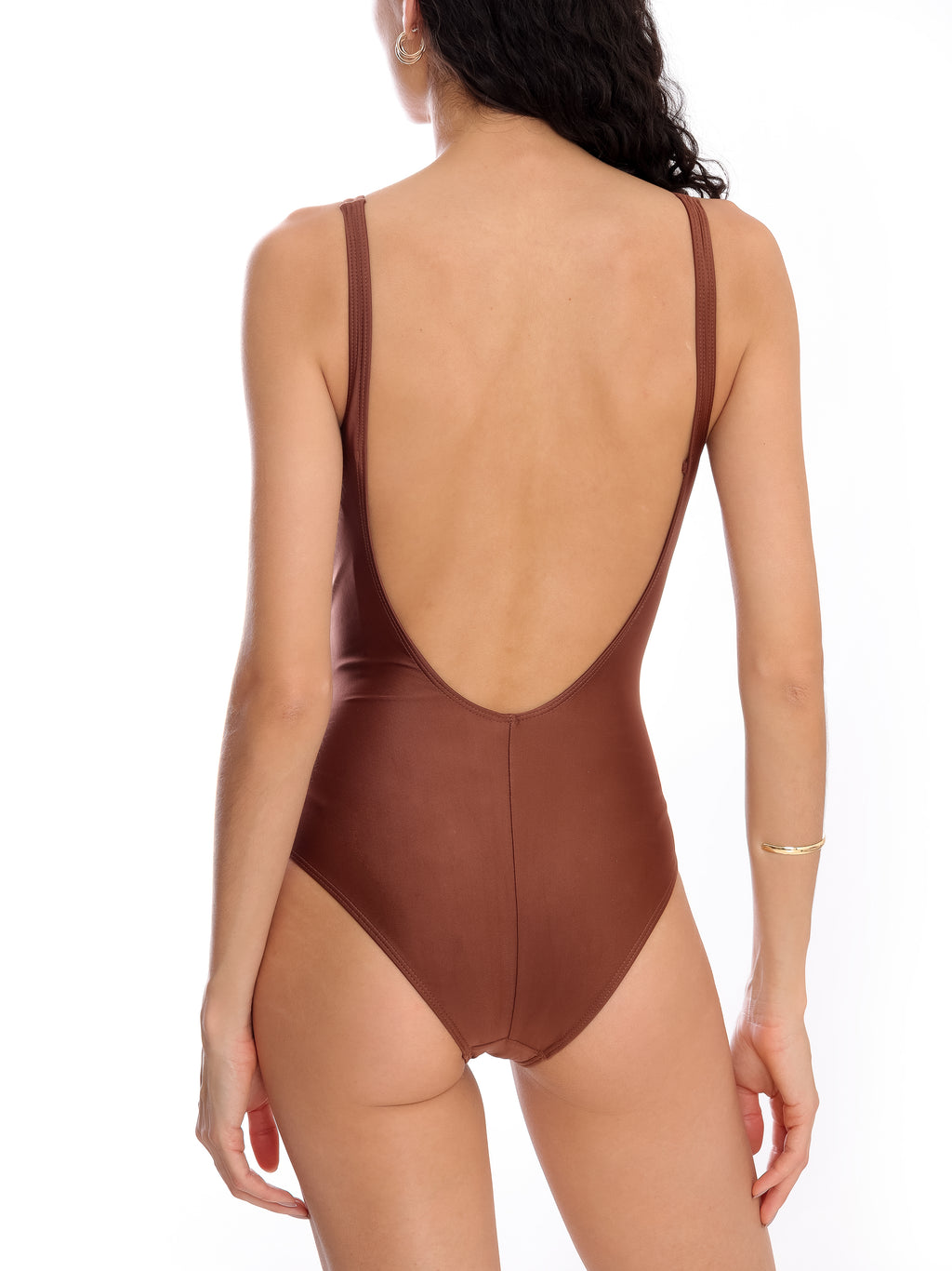 Maisa Brown Plain Striped Draped Open-Back Swimsuit