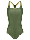 Remo Green Cut-Out Back Contrast Trim Sporty Chic Swimsuit