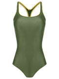 Remo Green Cut-Out Back Contrast Trim Sporty Chic Swimsuit