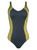 Panama Black V-Neck Low-Back Sculpting Color-Block Vertical-Panels Swimsuit