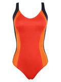 Panama Red V-Neck Low-Back Sculpting Color-Block Vertical-Panels Swimsuit