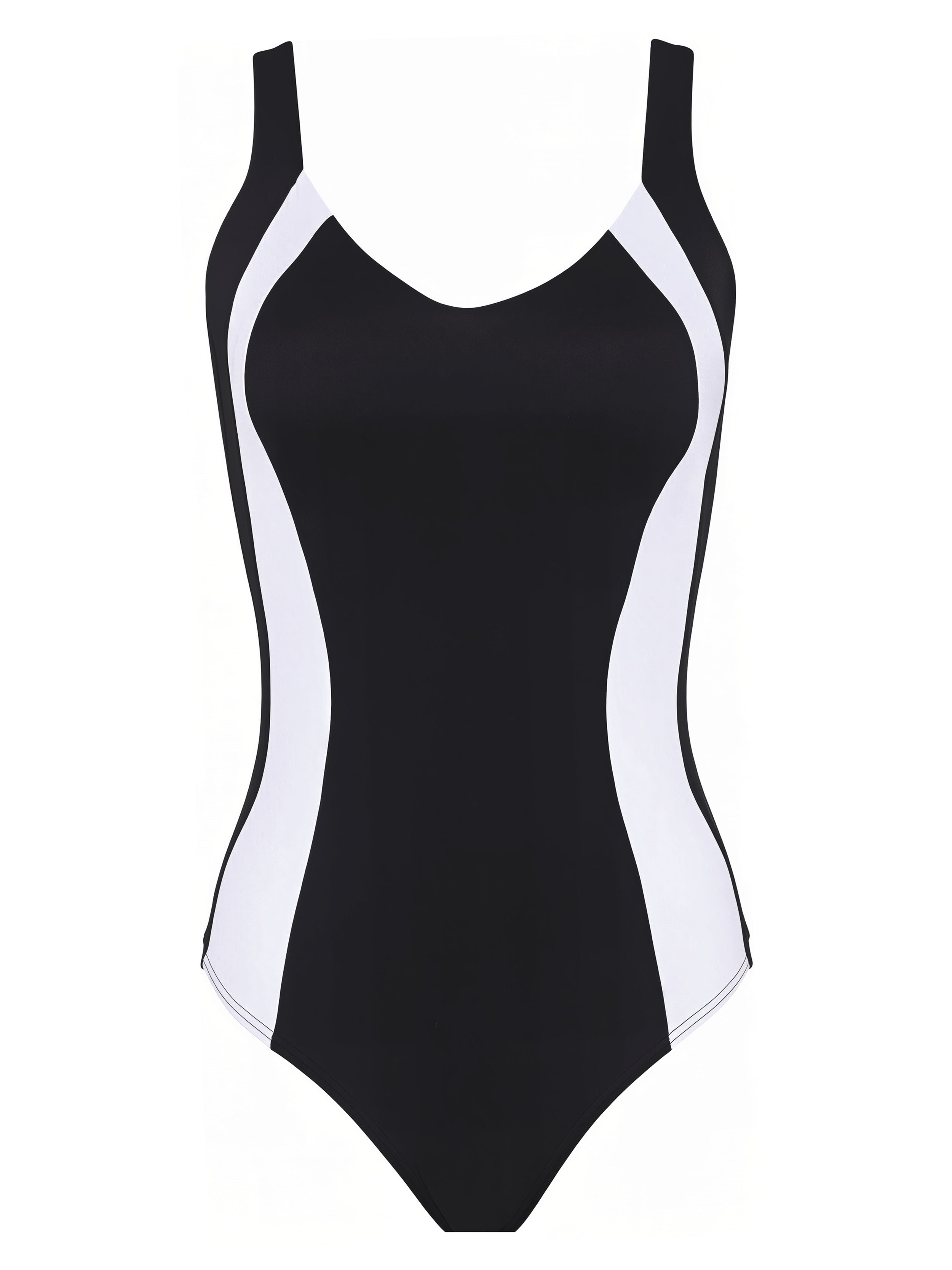Panama Black and White V-Neck Low-Back Sculpting Color-Block Vertical-Panels Swimsuit