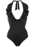 Attitude Black Plain Ruffled Swimsuit