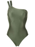 Miusha Green Plain One-Shoulder Swimsuit