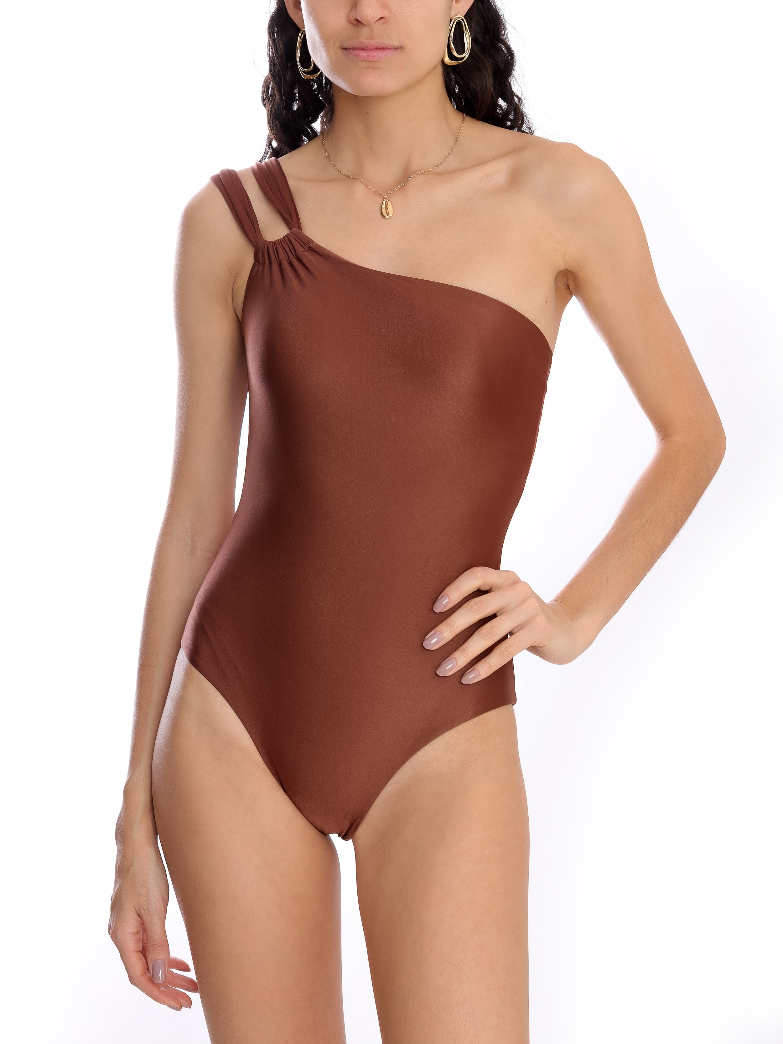 Miusha Brown Plain One-Shoulder Swimsuit