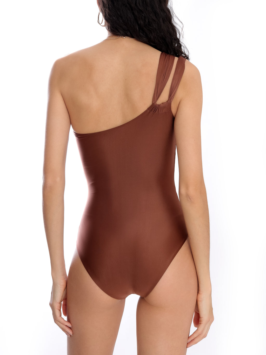 Miusha Brown Plain One-Shoulder Swimsuit