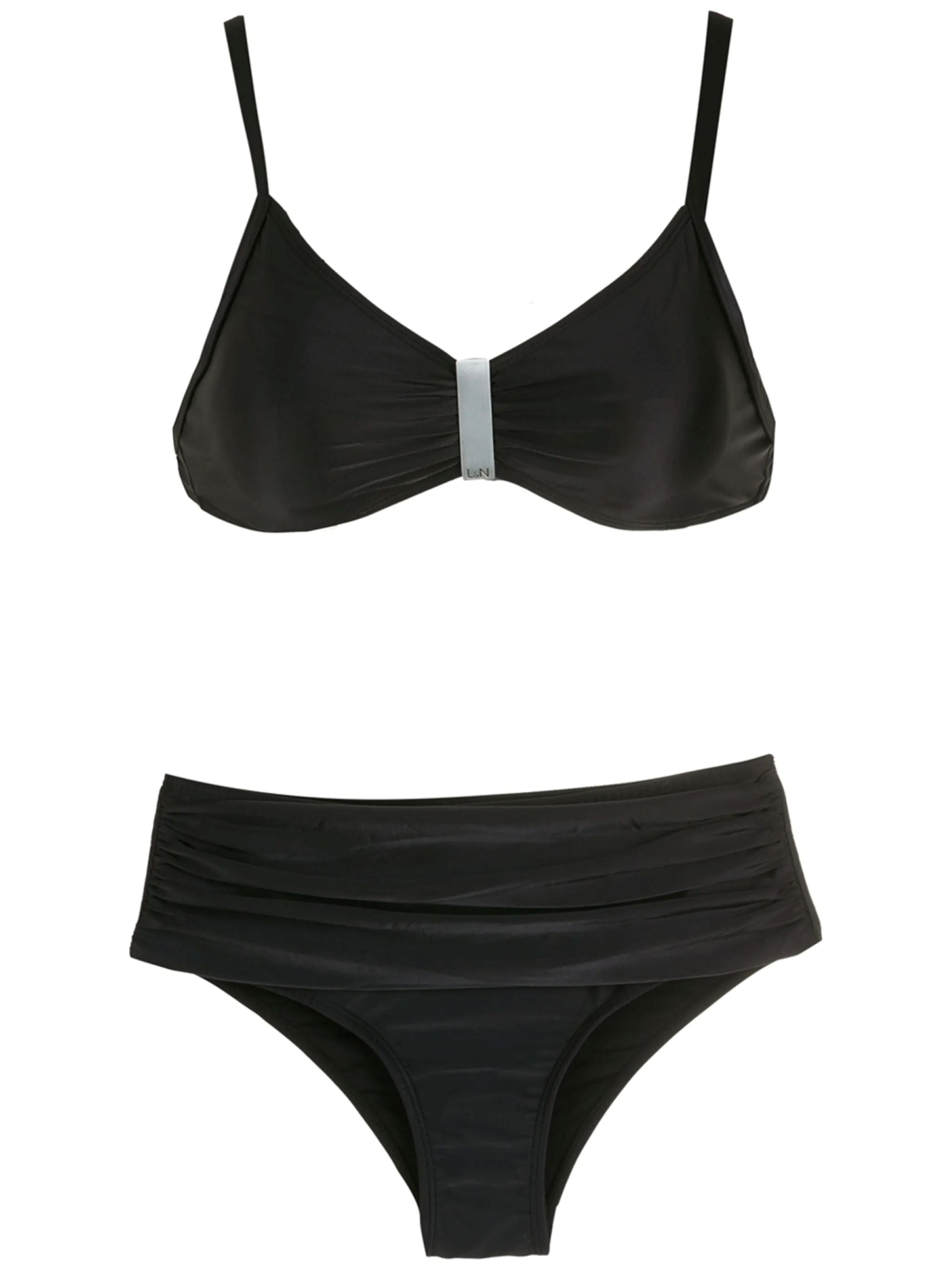 Anne Black Plain Ruched-Detail Bikini Set