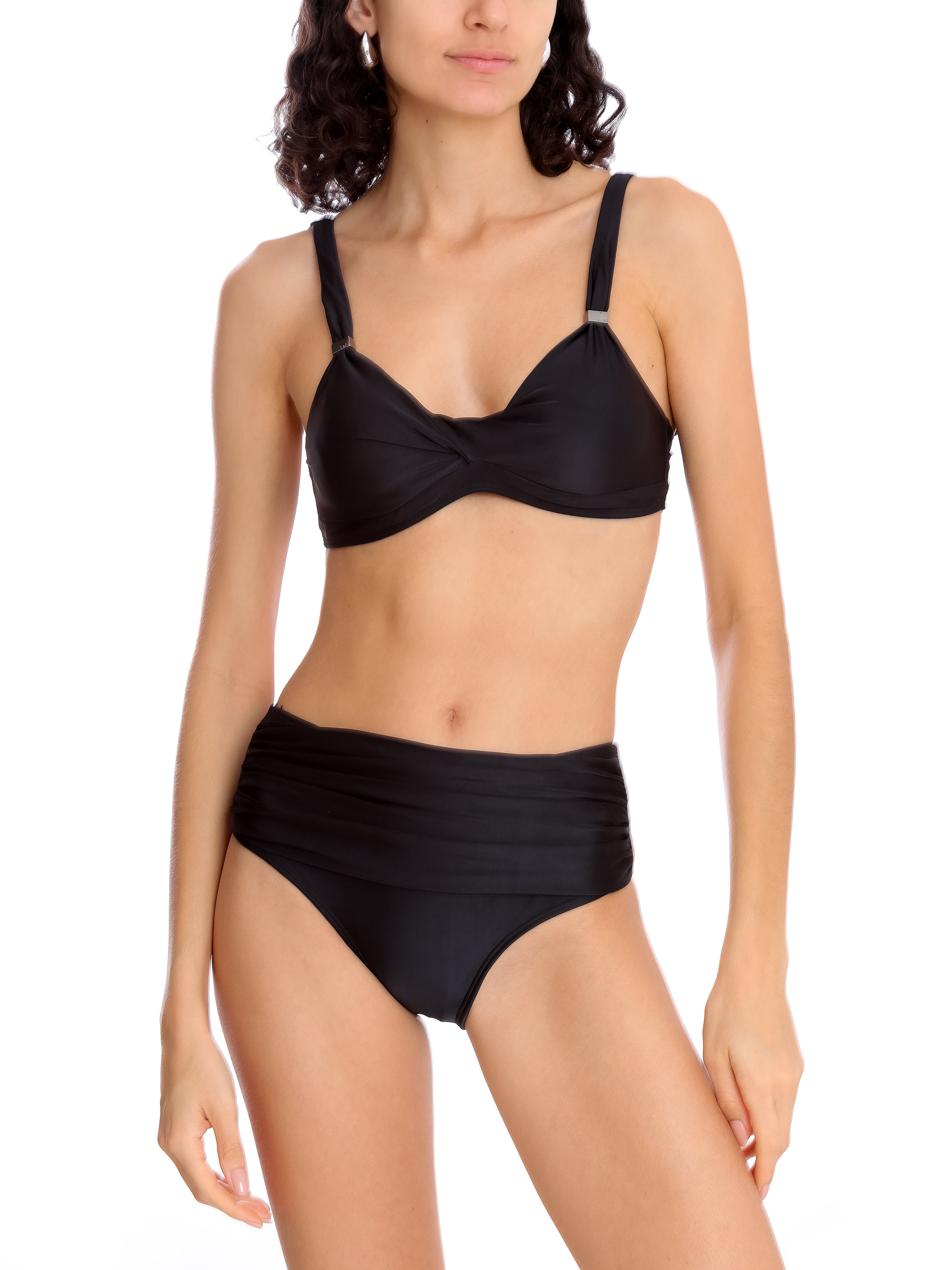 Marianne Black Plain Ruched-Detail Bikini Set