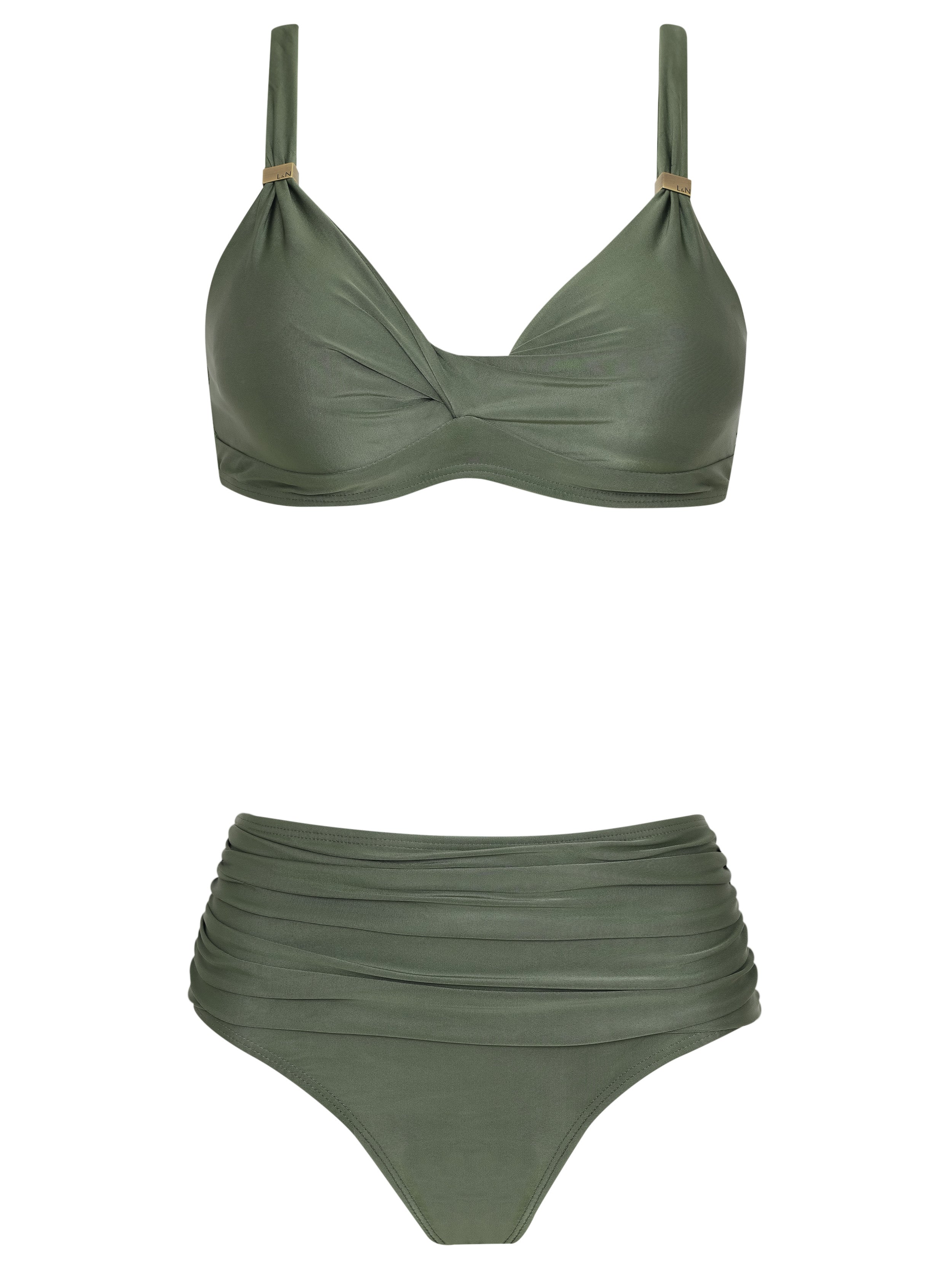 Marianne Green Plain Ruched-Detail Bikini Set