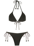 Maya Black Plain Tassel Detailing Triangle Bikini Set