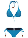 Maya Blue Plain Tassel Detailing Triangle Bikini Set