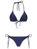 Maya Blue Plain Tassel Detailing Triangle Bikini Set