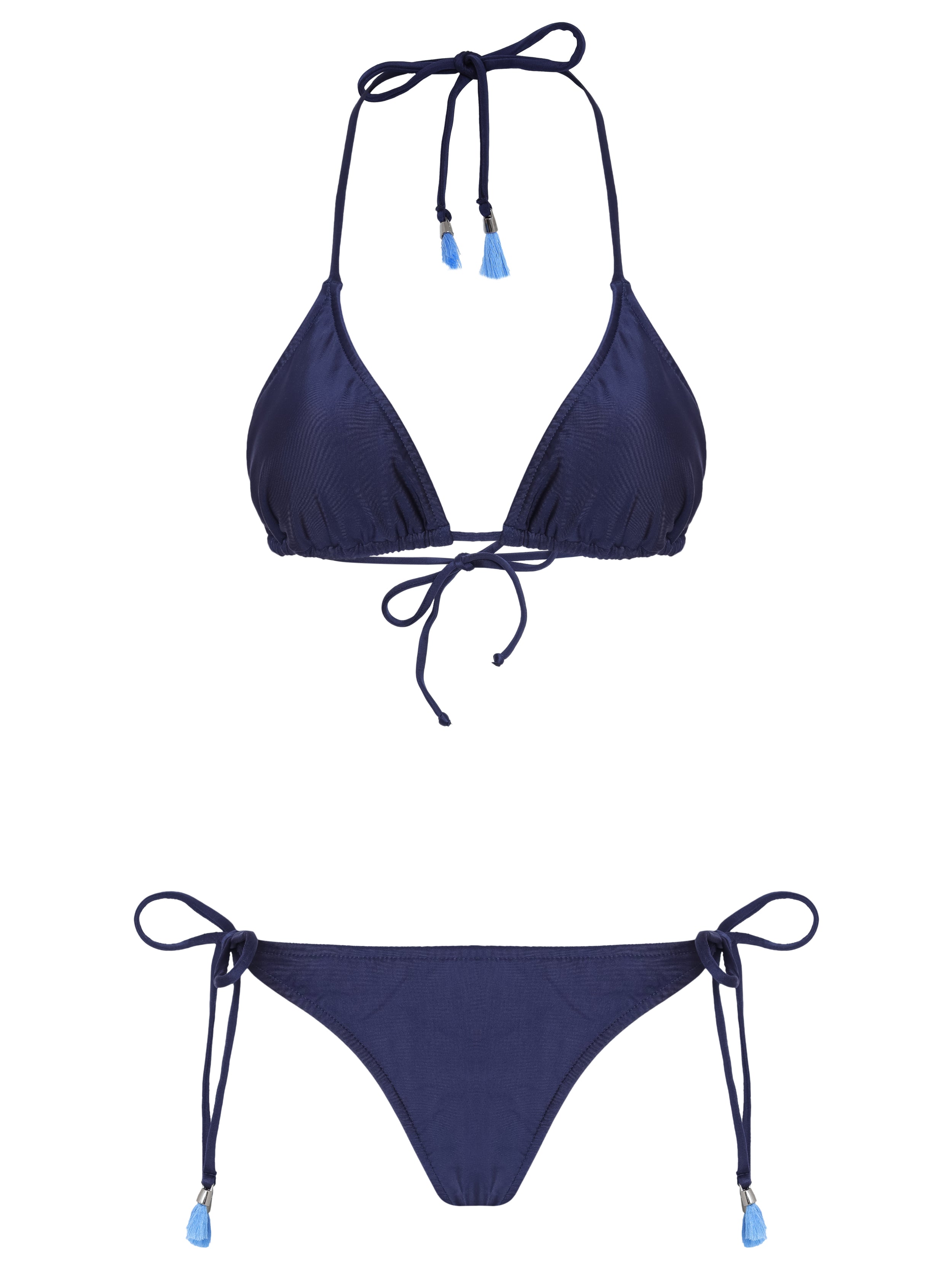Maya Blue Plain Tassel Detailing Triangle Bikini Set