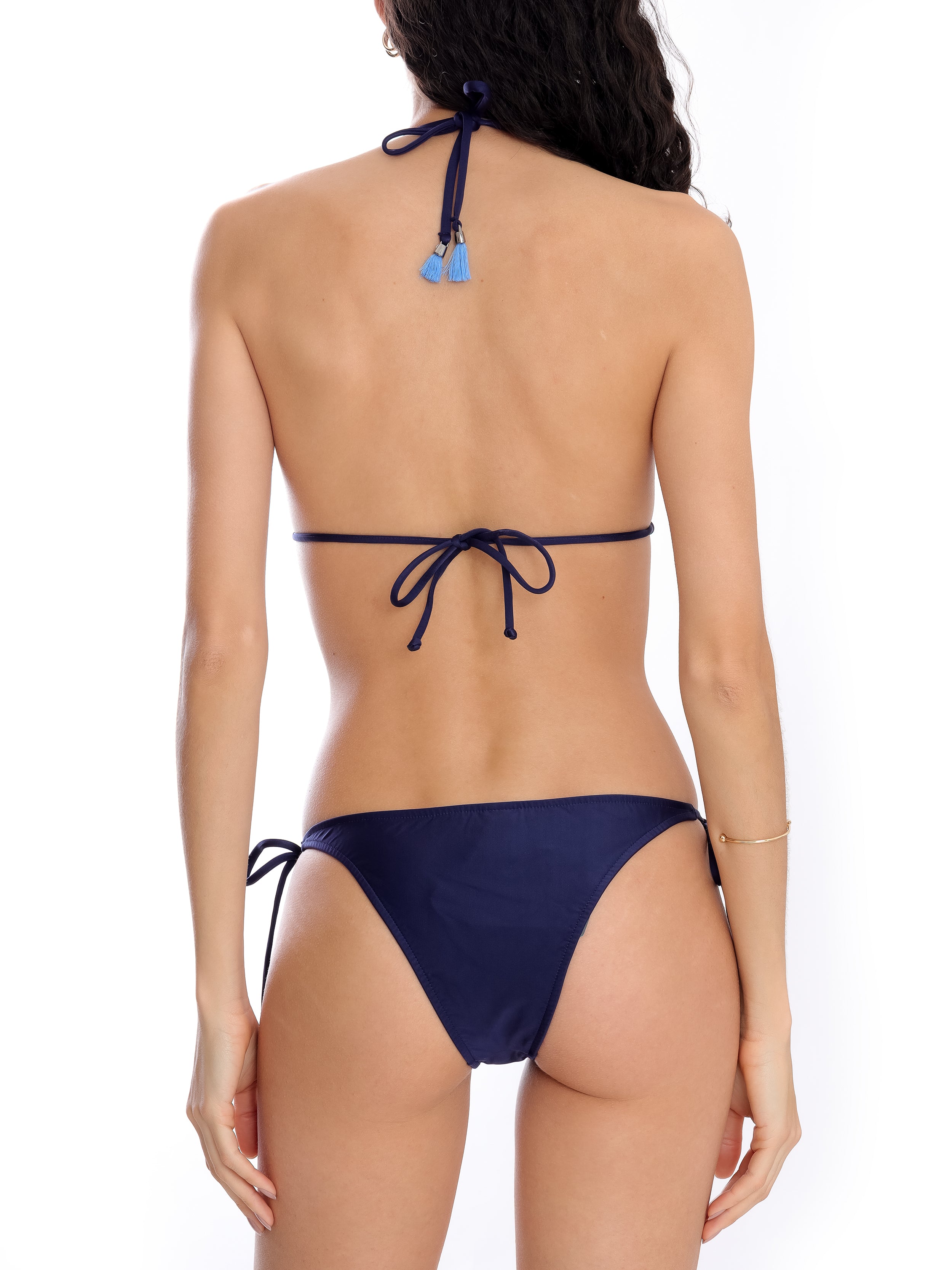 Maya Blue Plain Tassel Detailing Triangle Bikini Set