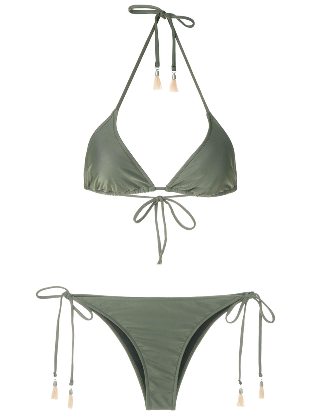 Maya Green Plain Tassel Detailing Triangle Bikini Set