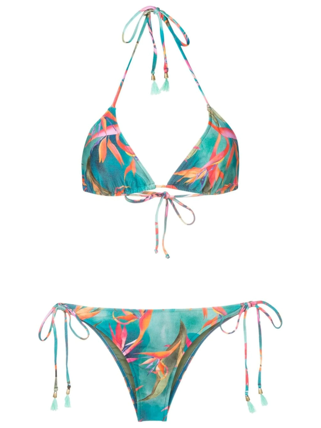 Maya Foliage-Print Tassel Detailing Triangle Bikini Set