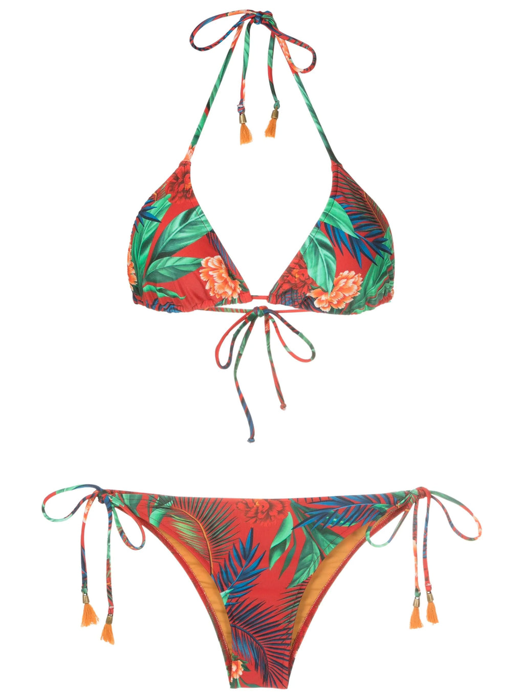 Maya Foliage-Print Tassel Detailing Triangle Bikini Set