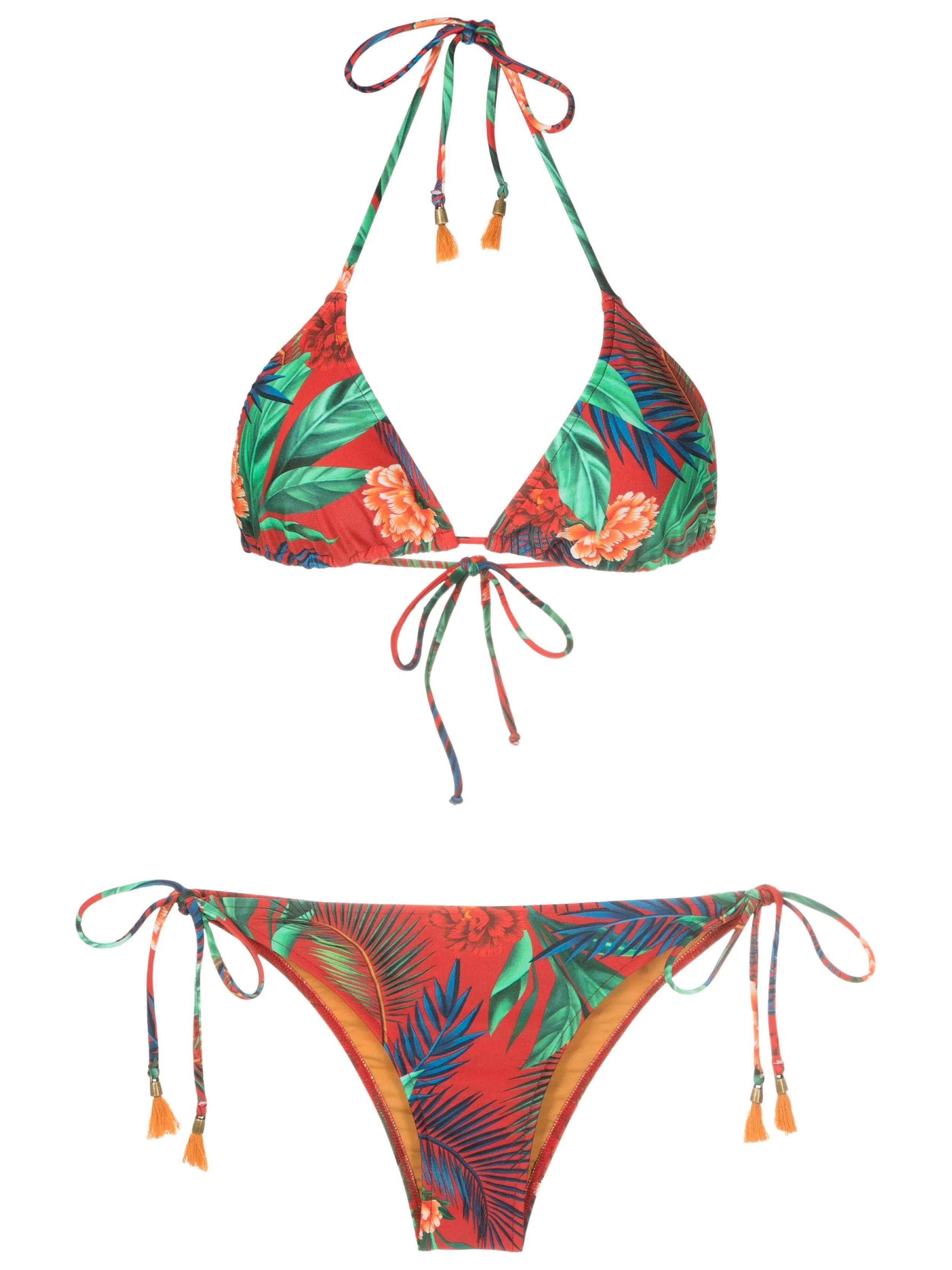 Maya Foliage-Print Tassel Detailing Triangle Bikini Set
