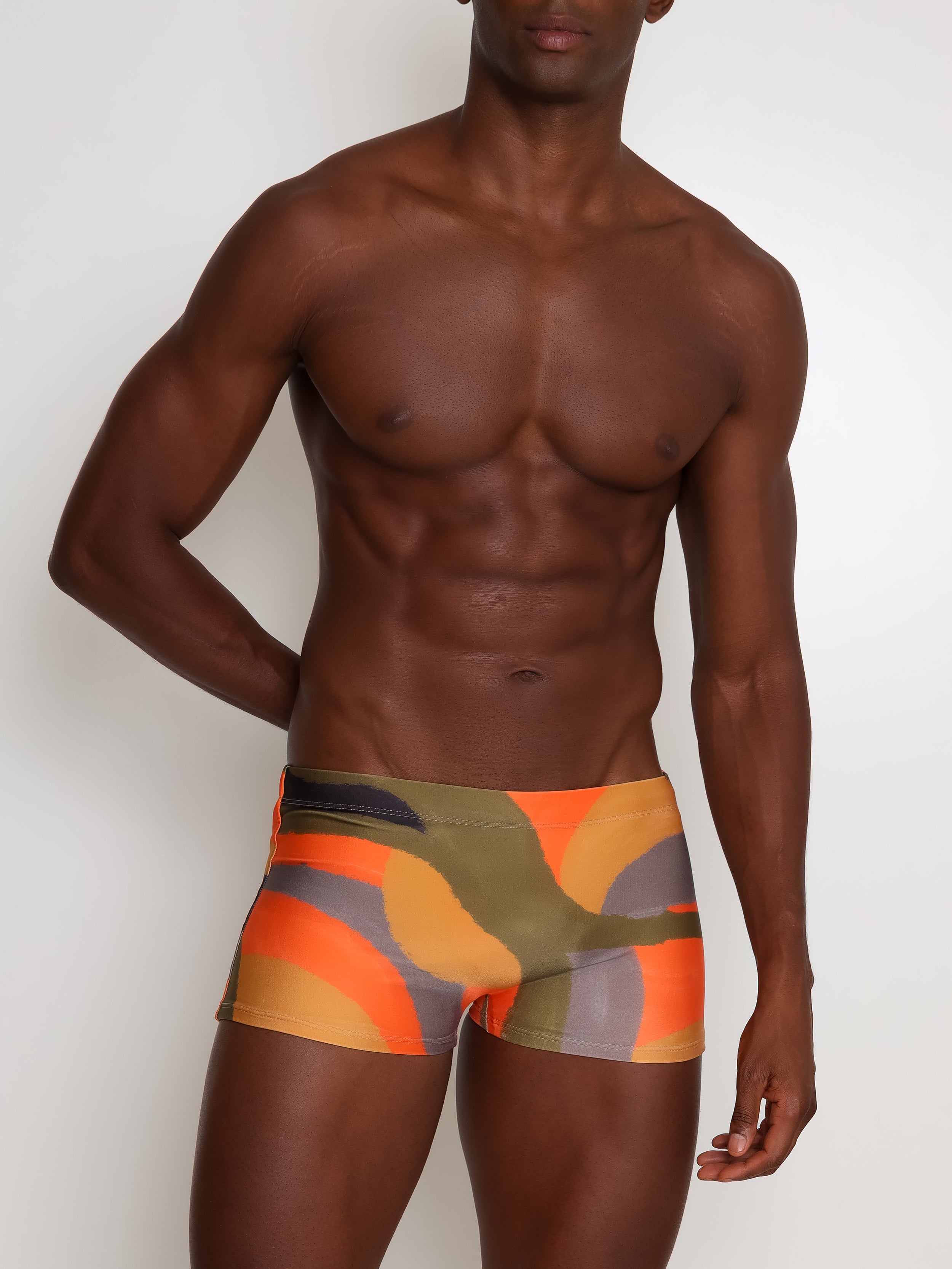 Tijuca Abstract-Print Striped 9-inch Sides Fitted Swimming Trunks