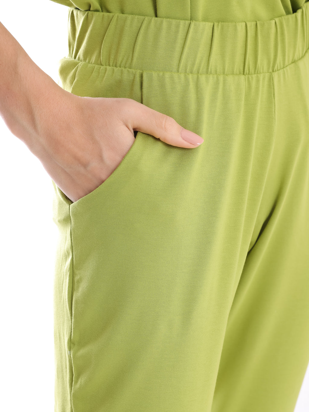 Grua Green Plain Pants Elasticated-Waist Trousers