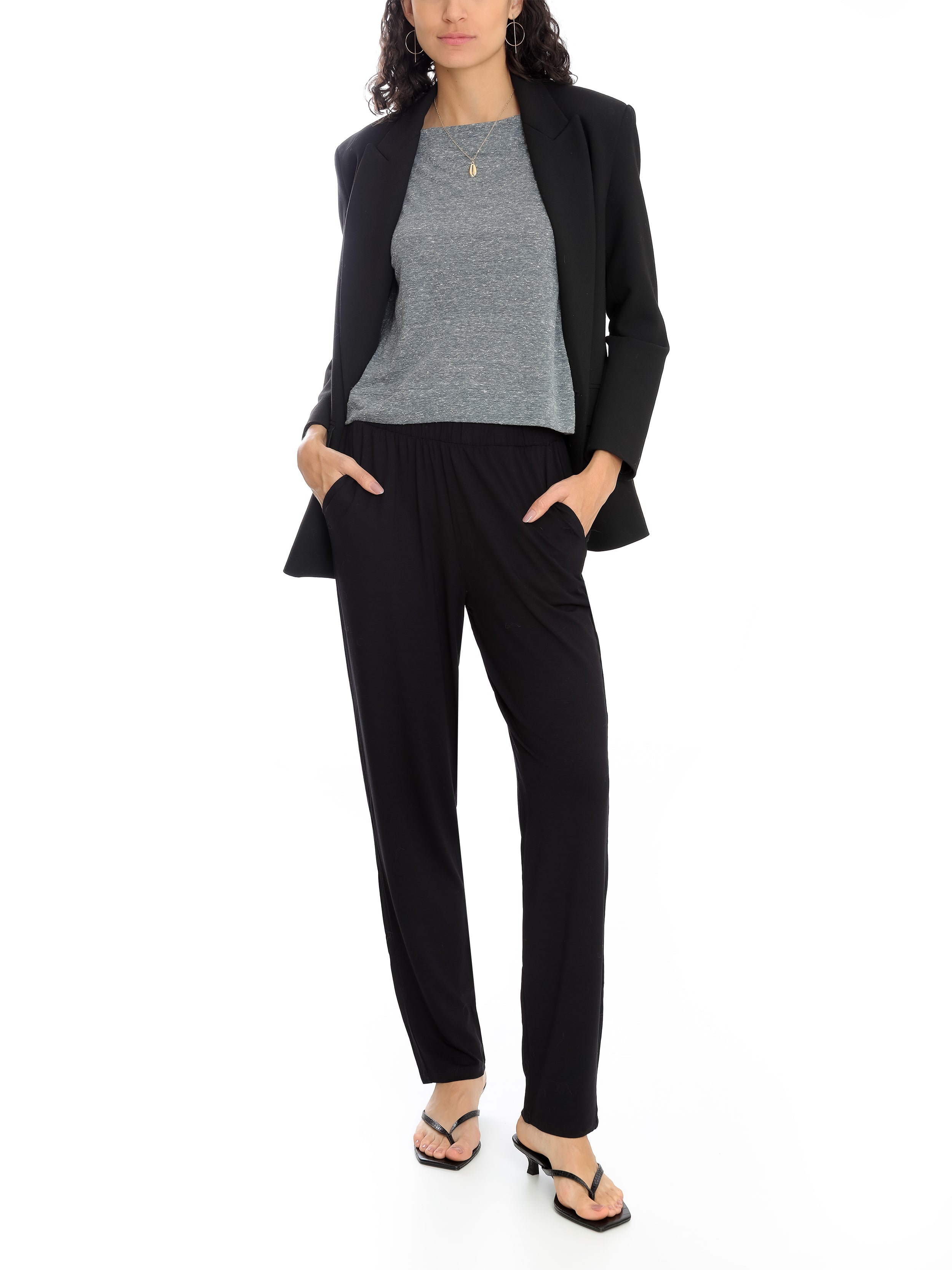 Cardeal Black Plain Pants Elasticated-Waist Trousers
