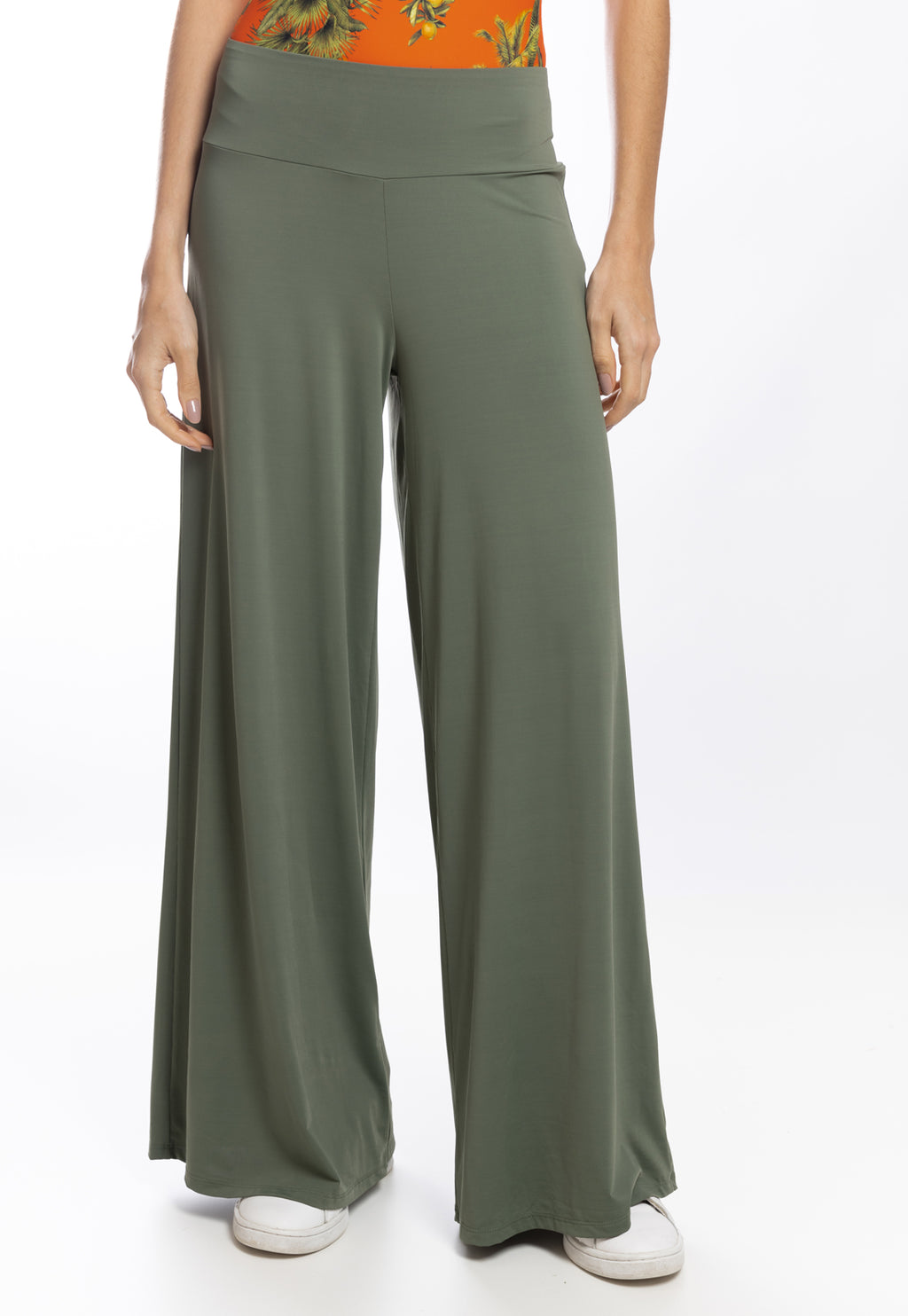 Gardens Green Plain High-Waisted Palazzo Pants