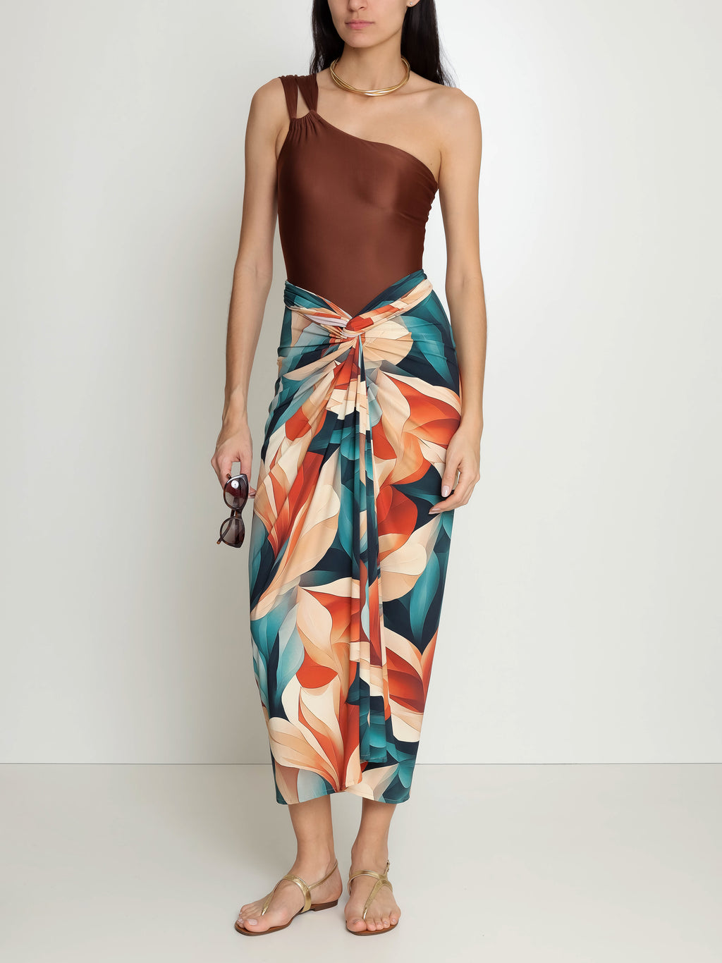 Diana Foliage-Print Skirt Pareo Knotted Cover-Up