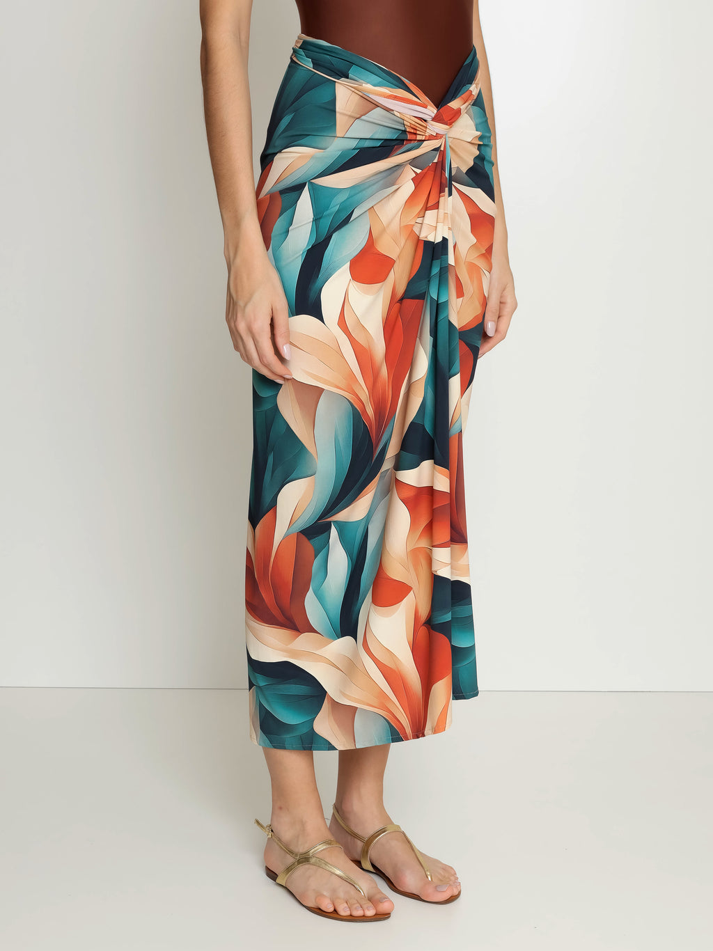 Diana Foliage-Print Skirt Pareo Knotted Cover-Up