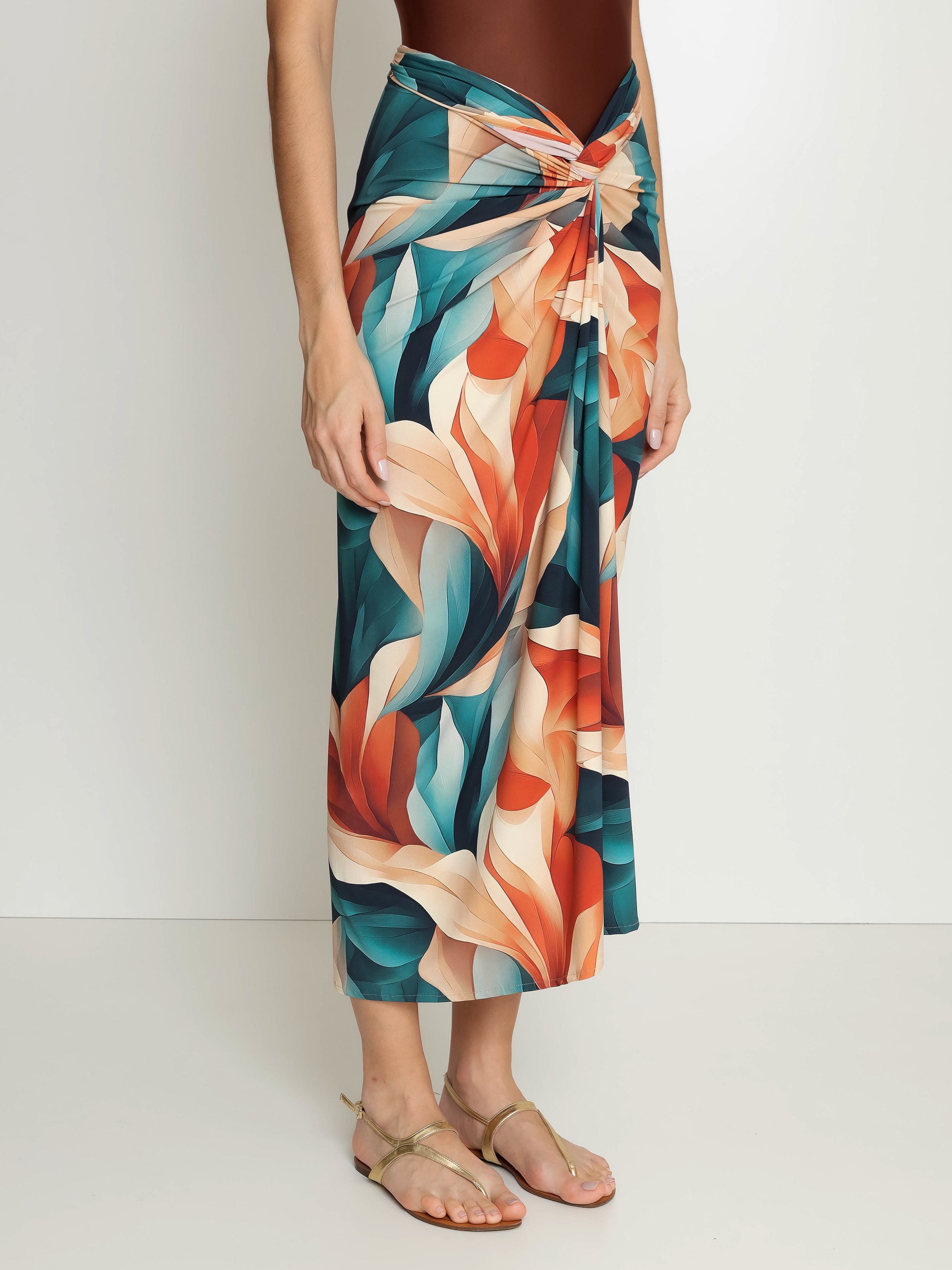 Diana Foliage-Print Skirt Pareo Knotted Cover-Up