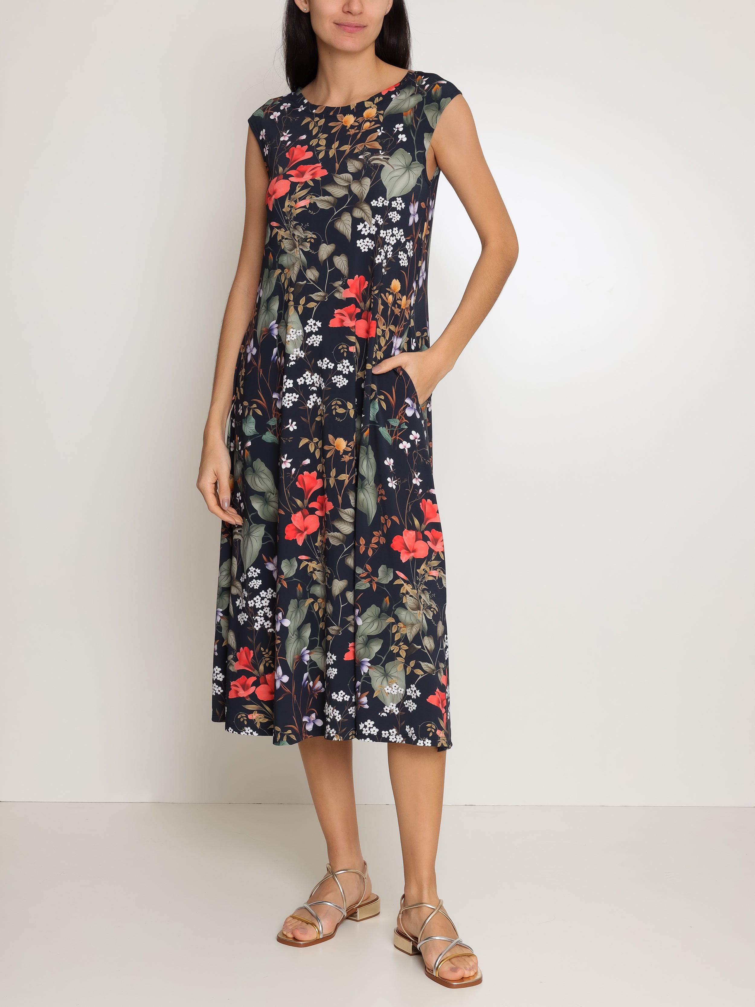 Tiê Floral-Print A-Line Silhouette Side-Seam Pockets Midi Dress Orvalho