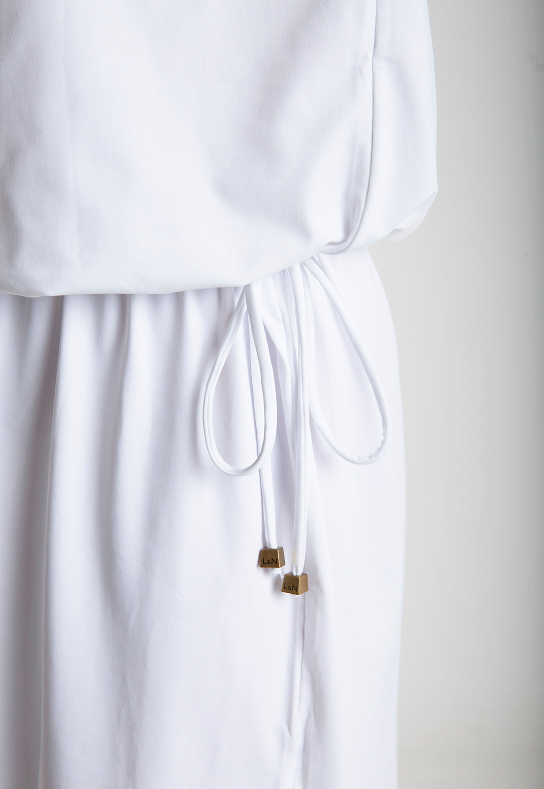 Shiva White Plain Adjustable Drawstring Waist Blouson Dress