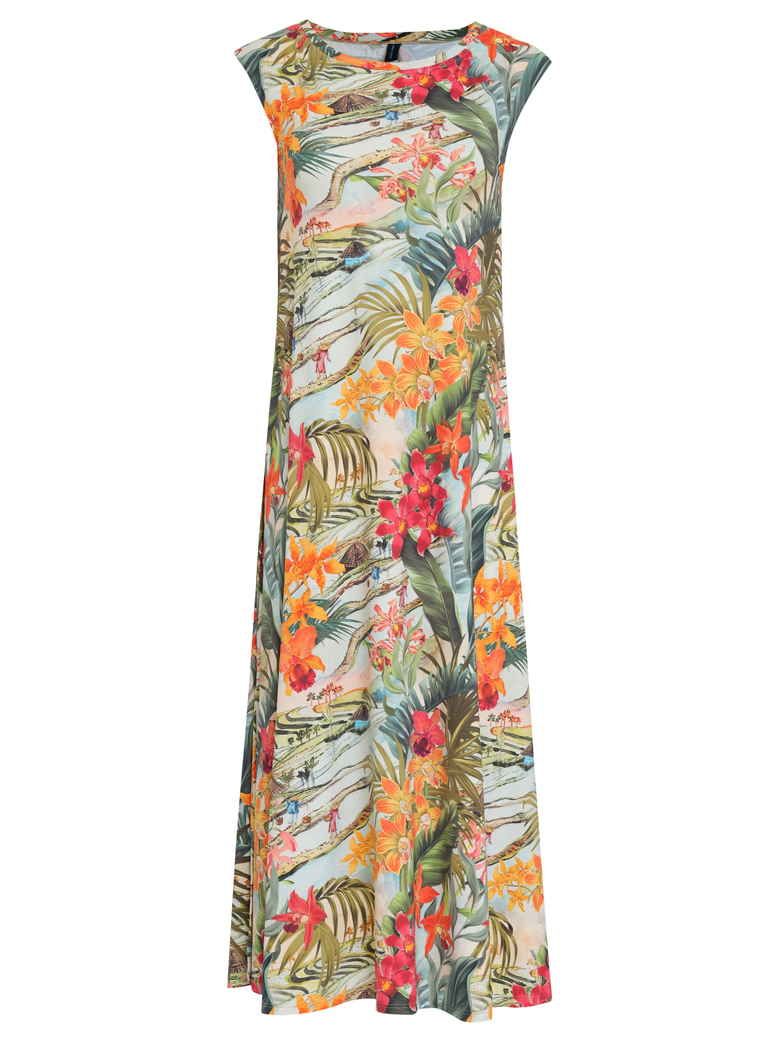 Tiê -Print A-Line Silhouette Side-Seam Pockets Midi Dress