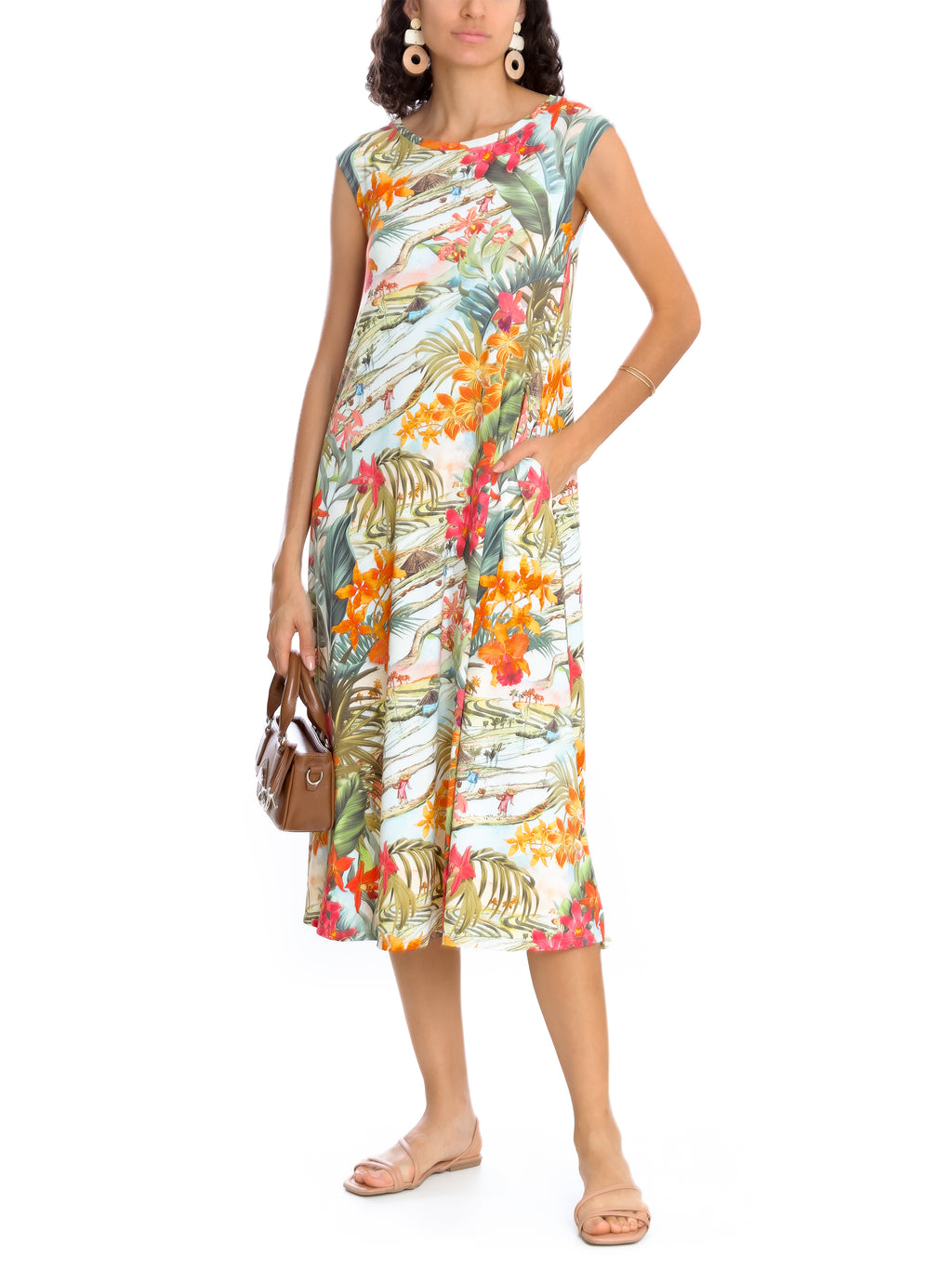 Tiê -Print A-Line Silhouette Side-Seam Pockets Midi Dress
