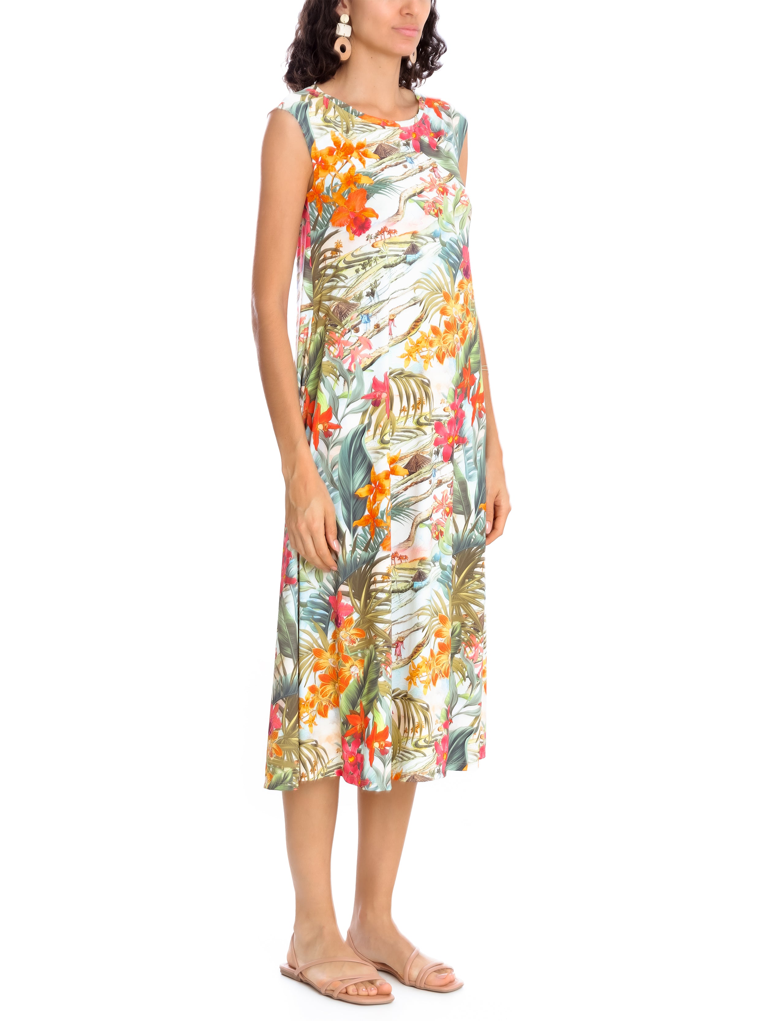Tiê -Print A-Line Silhouette Side-Seam Pockets Midi Dress