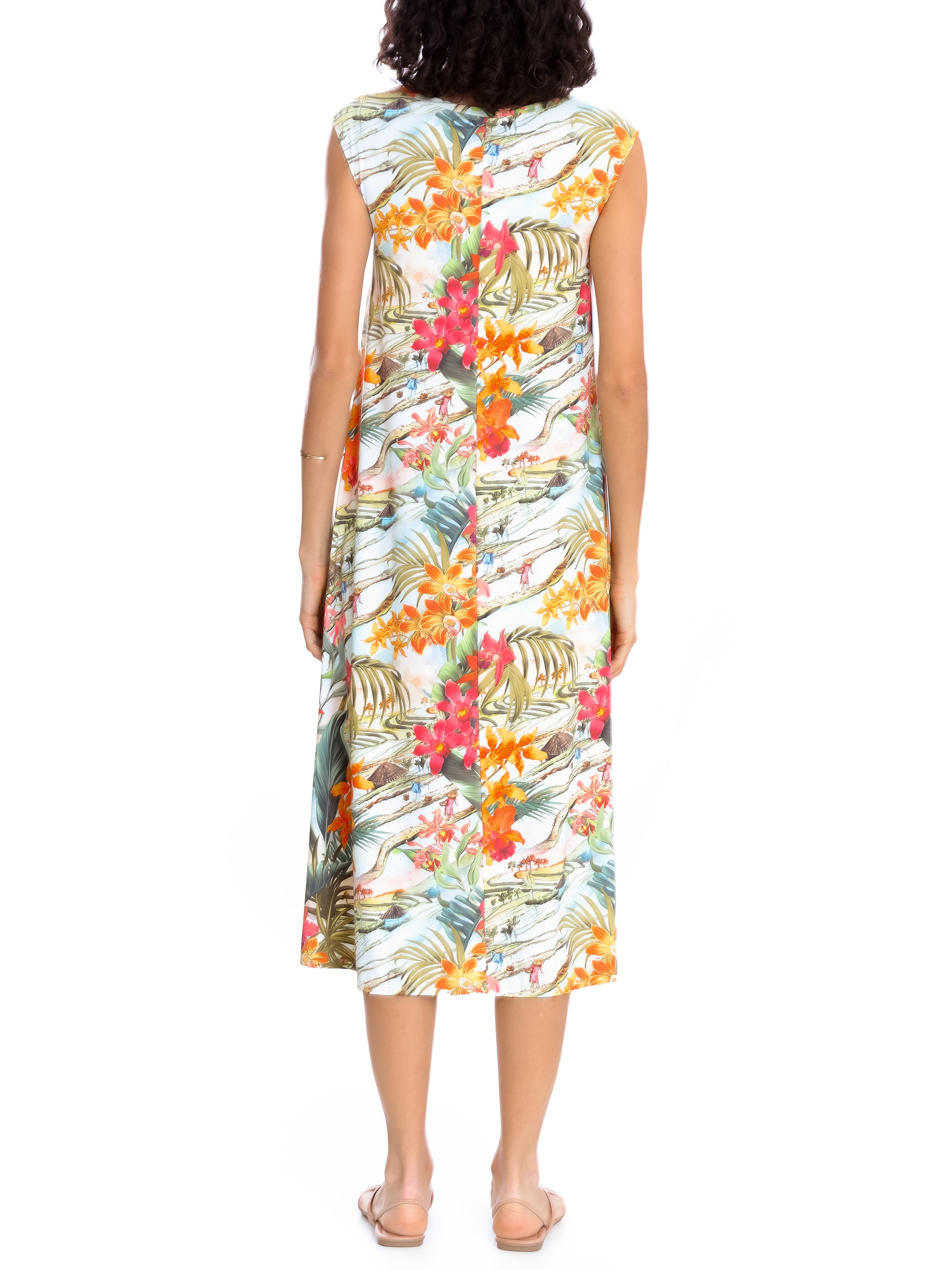Tiê -Print A-Line Silhouette Side-Seam Pockets Midi Dress
