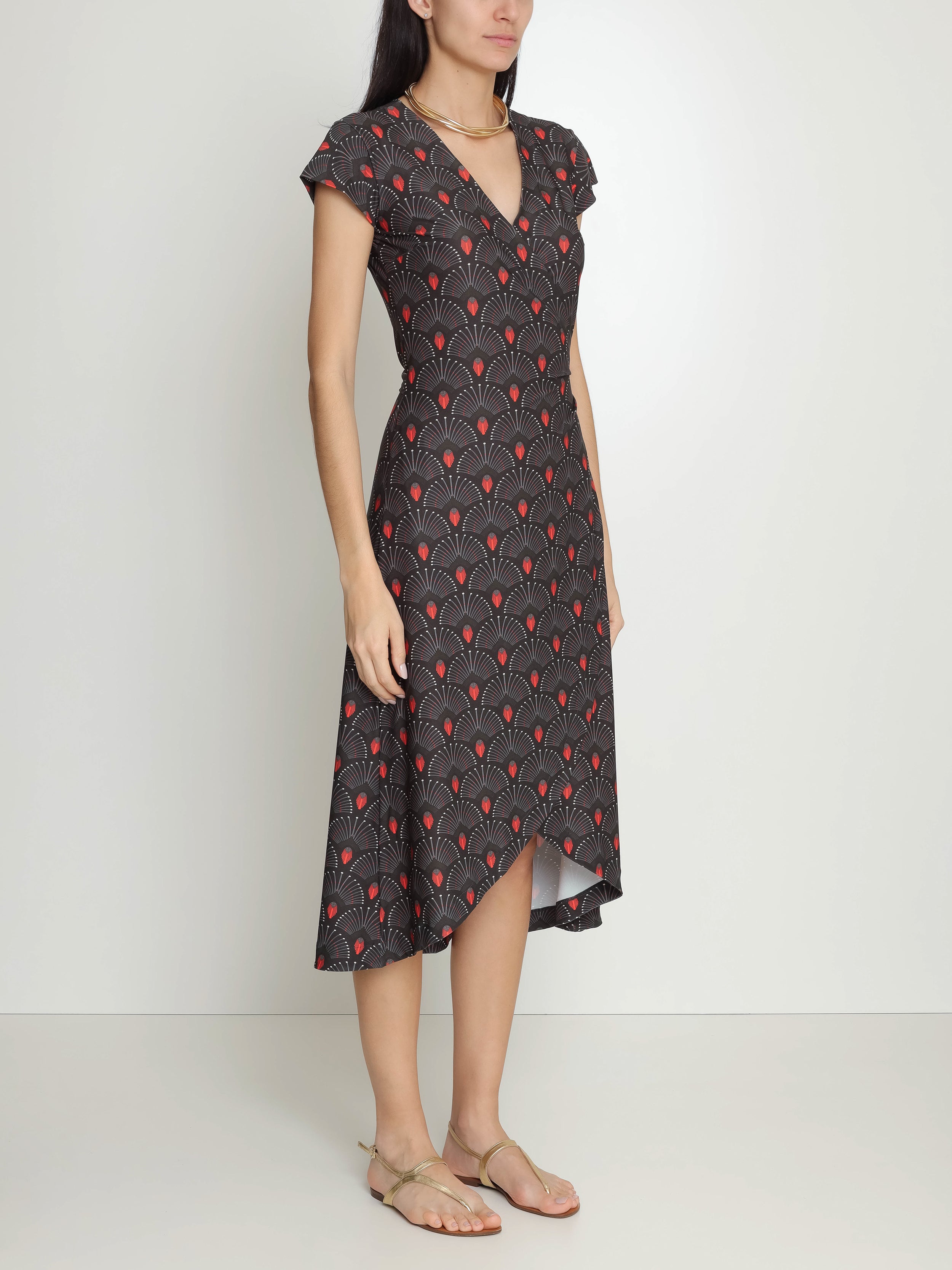 Falcao Geometric-Print V-Neck Midi  Dress Cocar