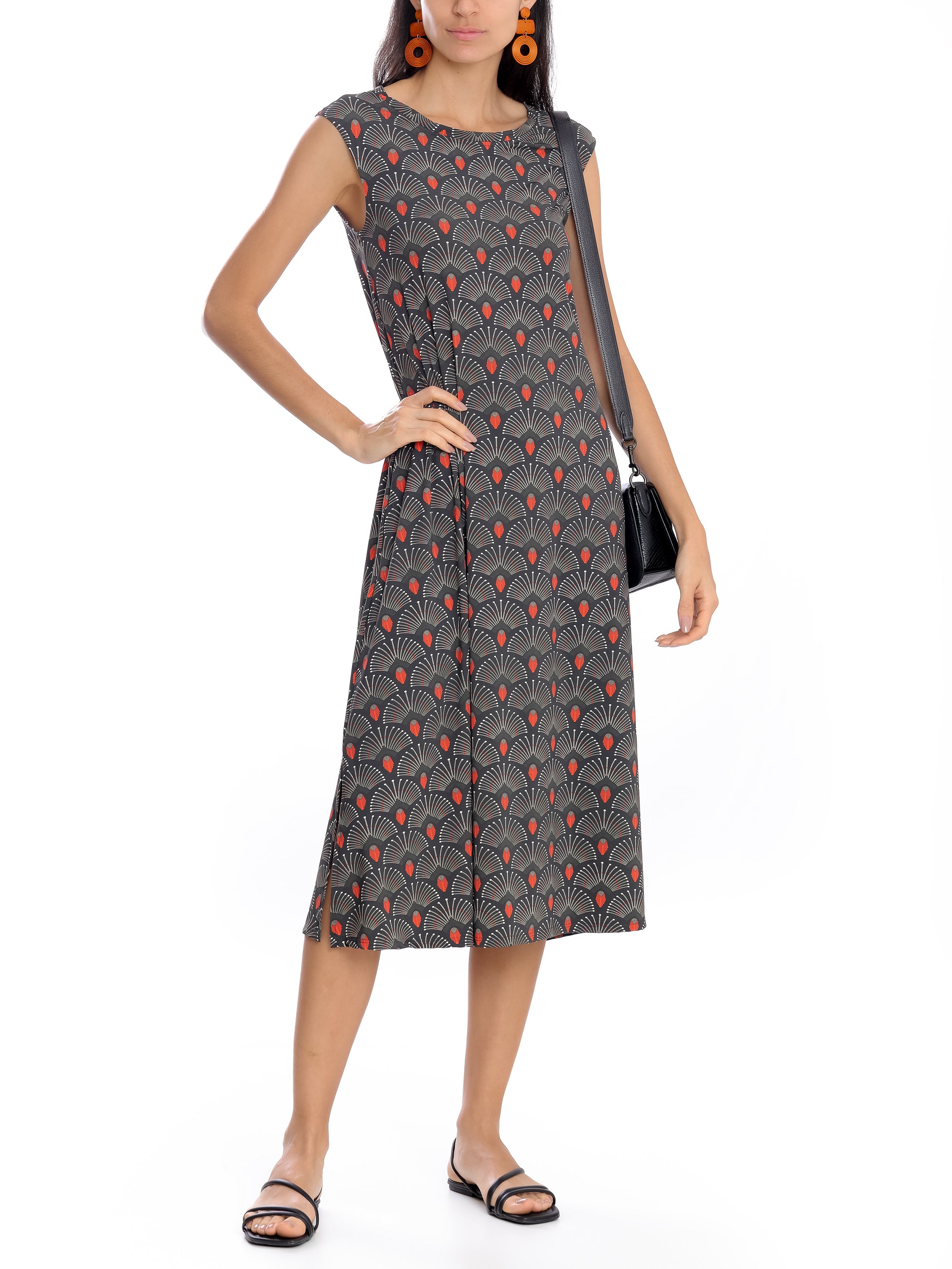 Tiê -Print A-Line Silhouette Side-Seam Pockets Midi Dress