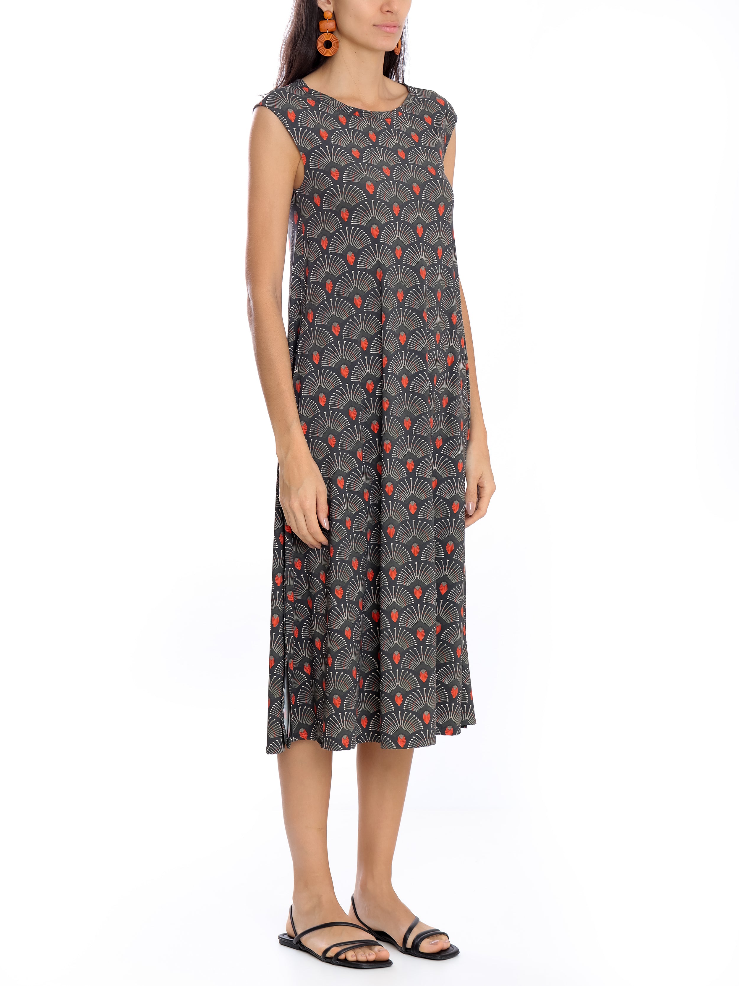 Tiê -Print A-Line Silhouette Side-Seam Pockets Midi Dress
