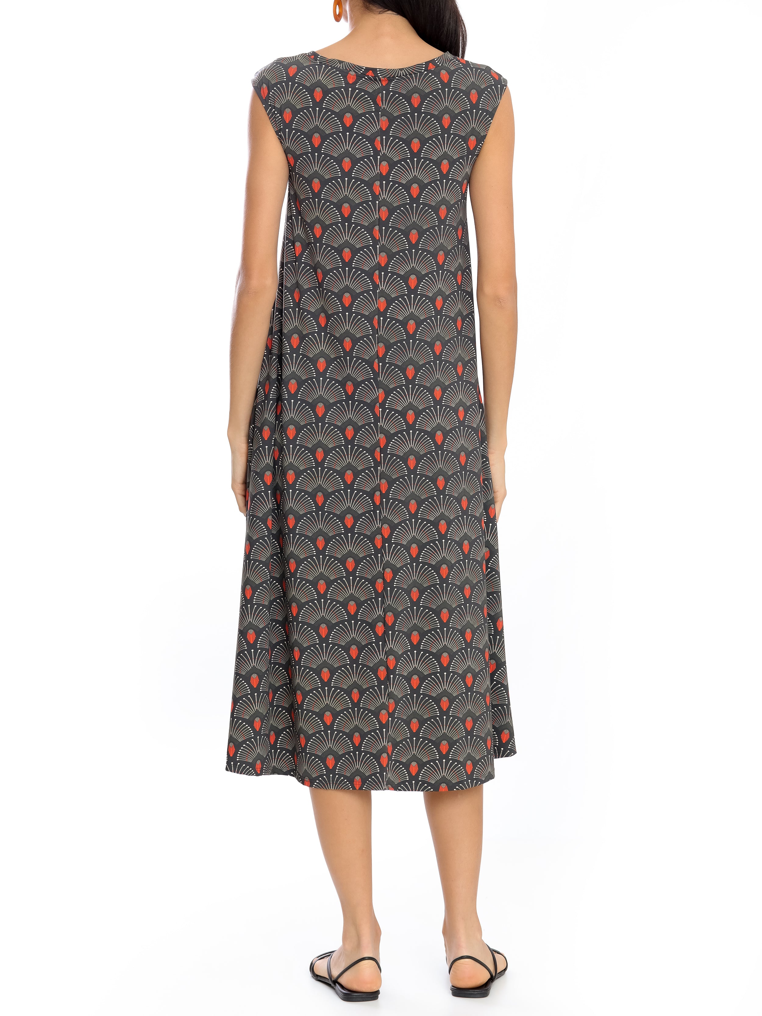 Tiê -Print A-Line Silhouette Side-Seam Pockets Midi Dress