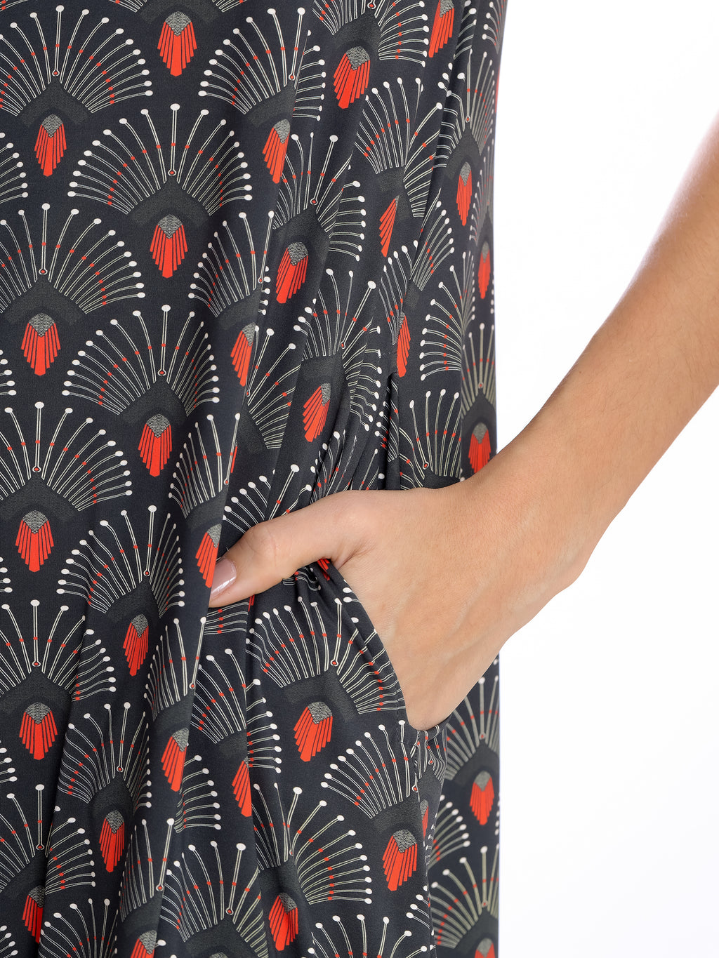Tiê -Print A-Line Silhouette Side-Seam Pockets Midi Dress