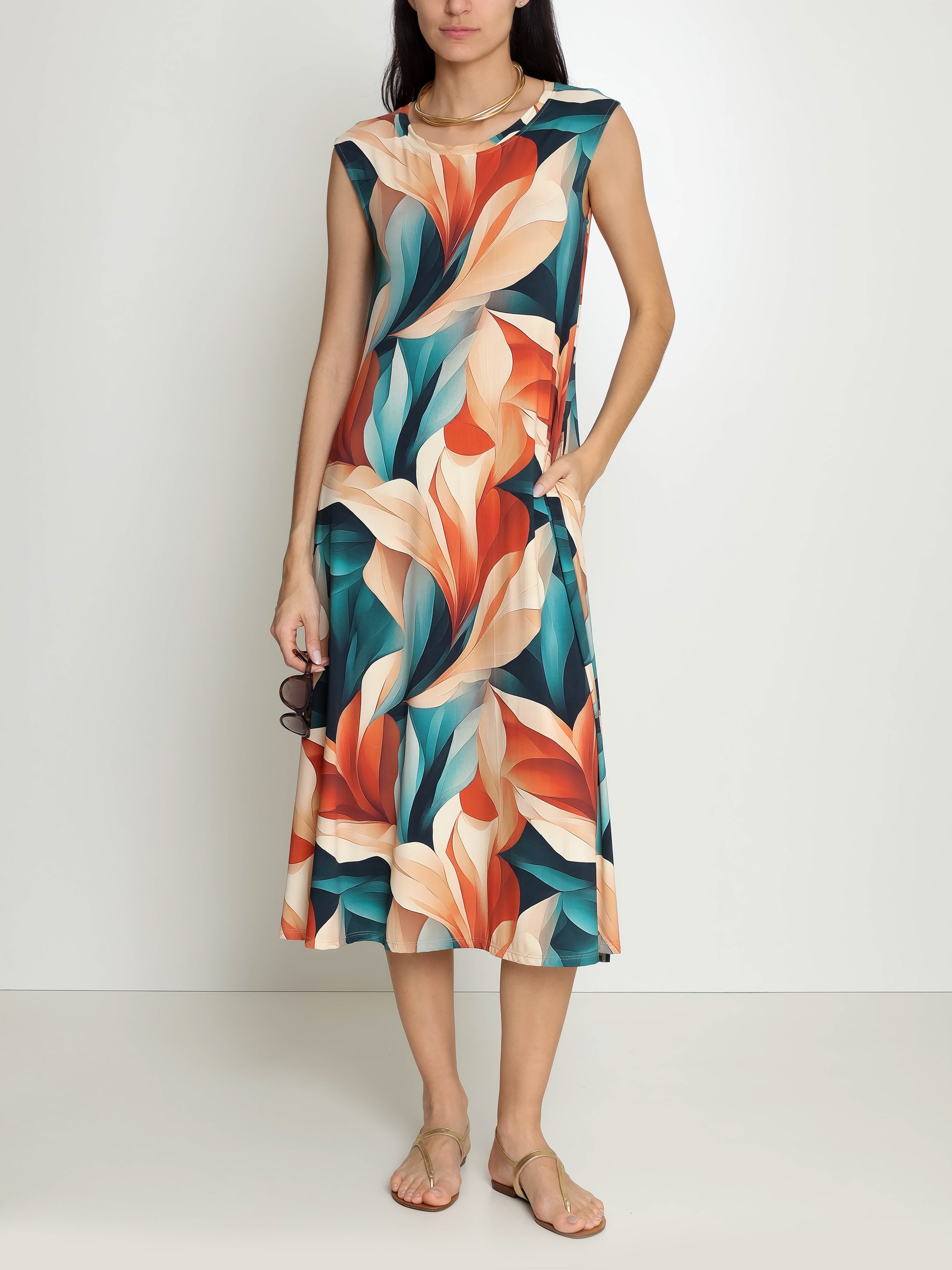 Tiê Foliage-Print A-Line Silhouette Side-Seam Pockets Midi Dress