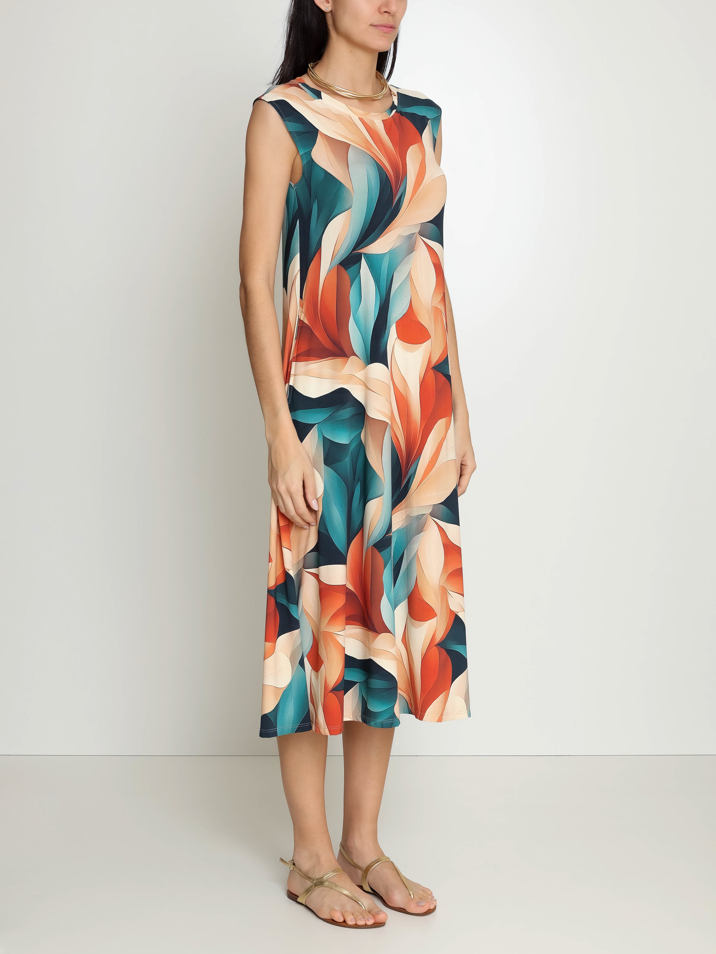 Tiê Foliage-Print A-Line Silhouette Side-Seam Pockets Midi Dress