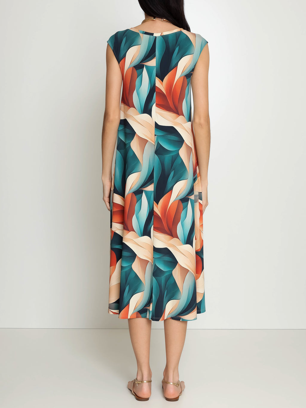 Tiê Foliage-Print A-Line Silhouette Side-Seam Pockets Midi Dress